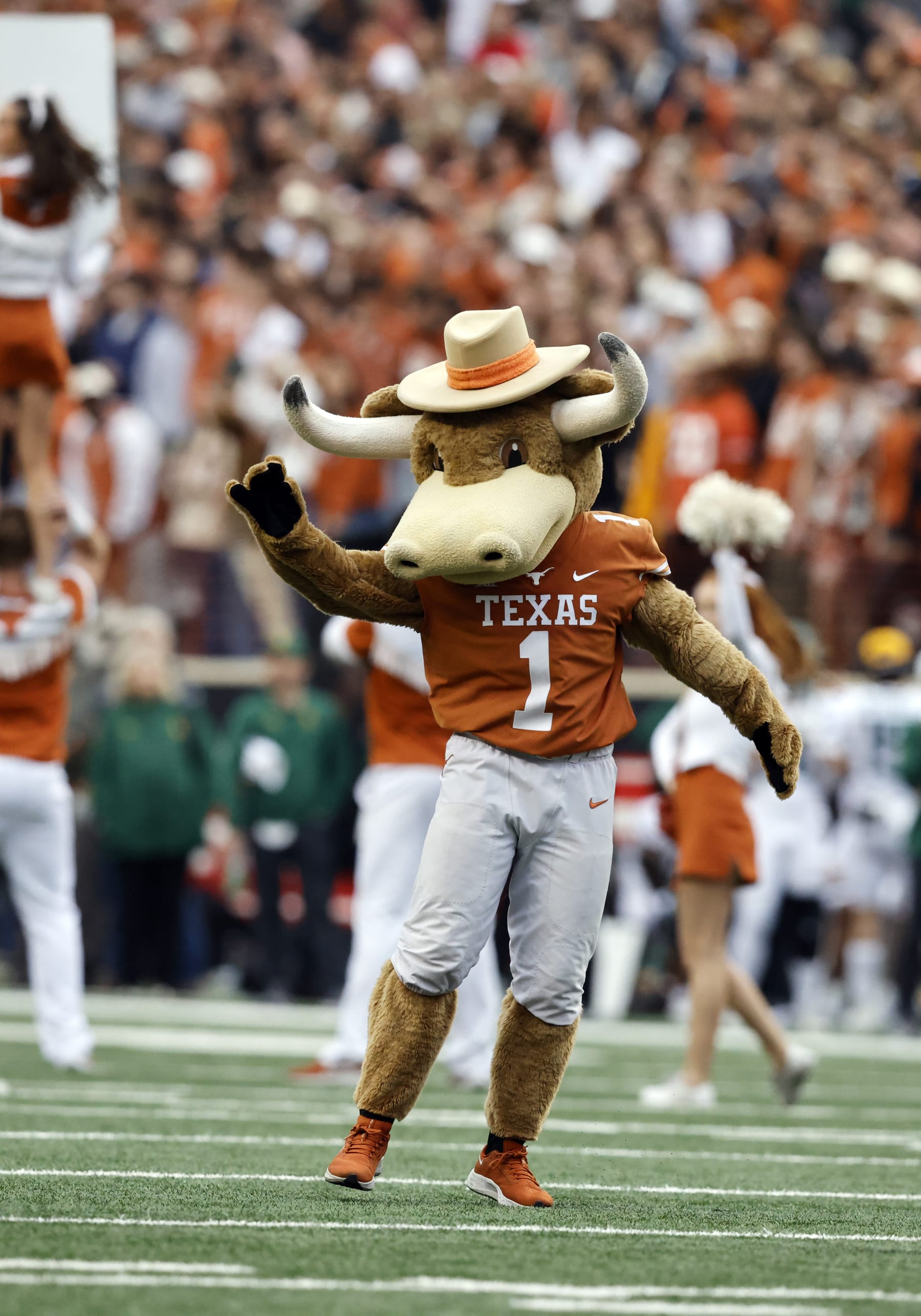 AUSTIN, TX - NOVEMBER 25: Texas Longhorns mascot Hookem dances on the field during the game against the Baylor Bears on November 25, 2022, at Darrell K Royal - Texas Memorial Stadium in Austin, TX. (Photo by Adam Davis/Icon Sportswire via Getty Images)