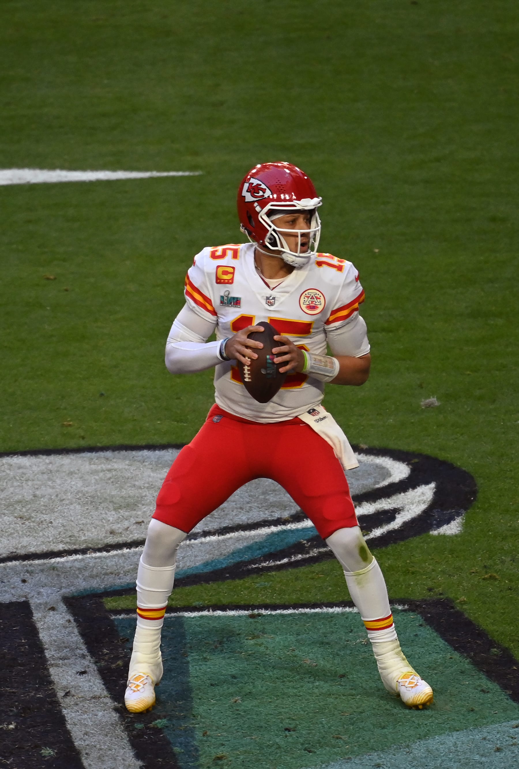 GLENDALE, ARIZONA - FEBRUARY 12: Patrick Mahomes #15 of the Kansas City Chiefs looks to pass the ball against the Philadelphia Eagles during the first half in Super Bowl LVII at State Farm Stadium on February 12, 2023 in Glendale, Arizona. (Photo by Focus on Sport/Getty Images)