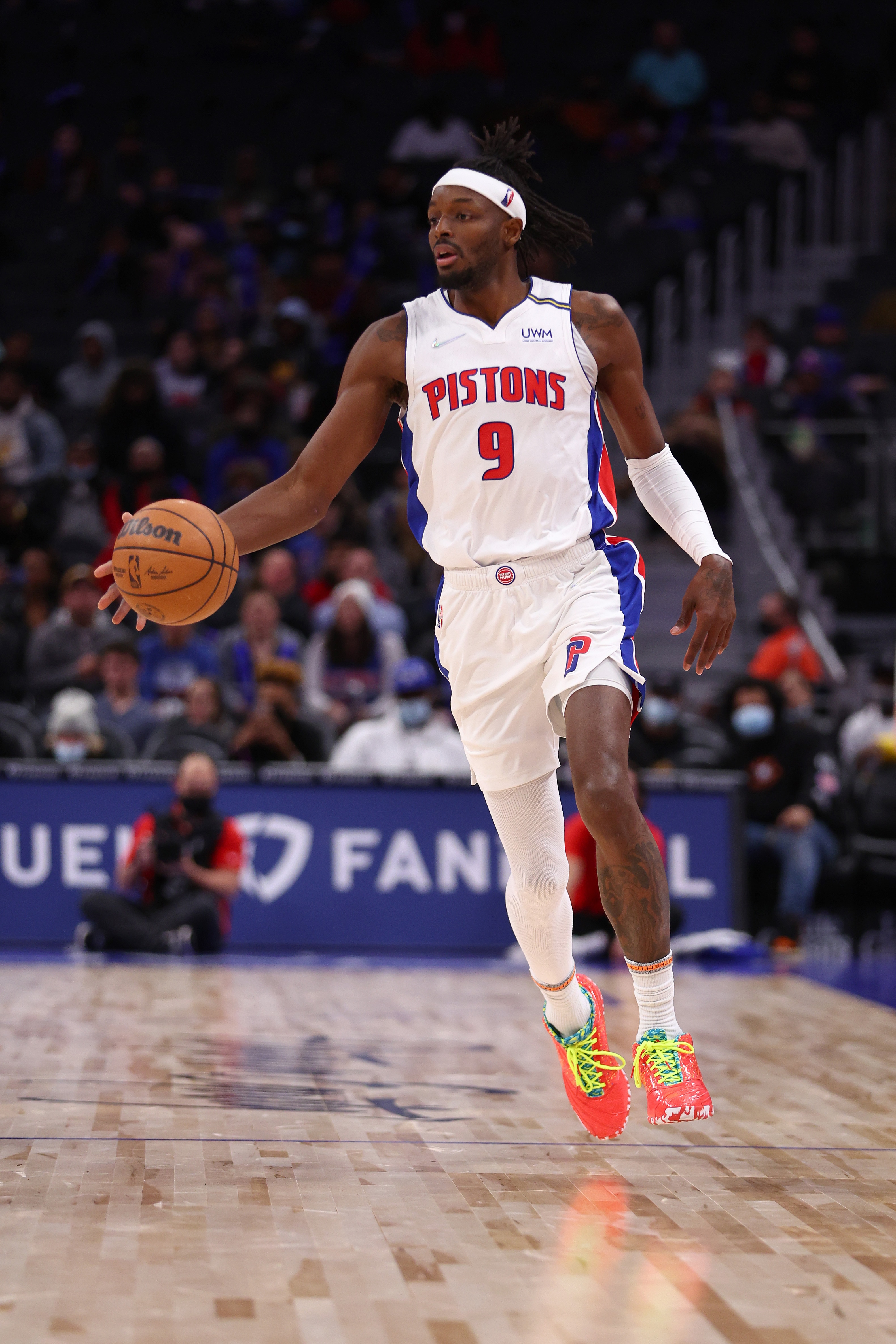 DETROIT, MICHIGAN - DECEMBER 08: Jerami Grant #9 of the Detroit Pistons plays against the plays against the at Little Caesars Arena on December 08, 2021 in Detroit, Michigan. NOTE TO USER: User expressly acknowledges and agrees that, by downloading and or using this photograph, User is consenting to the terms and conditions of the Getty Images License Agreement. (Photo by Gregory Shamus/Getty Images)