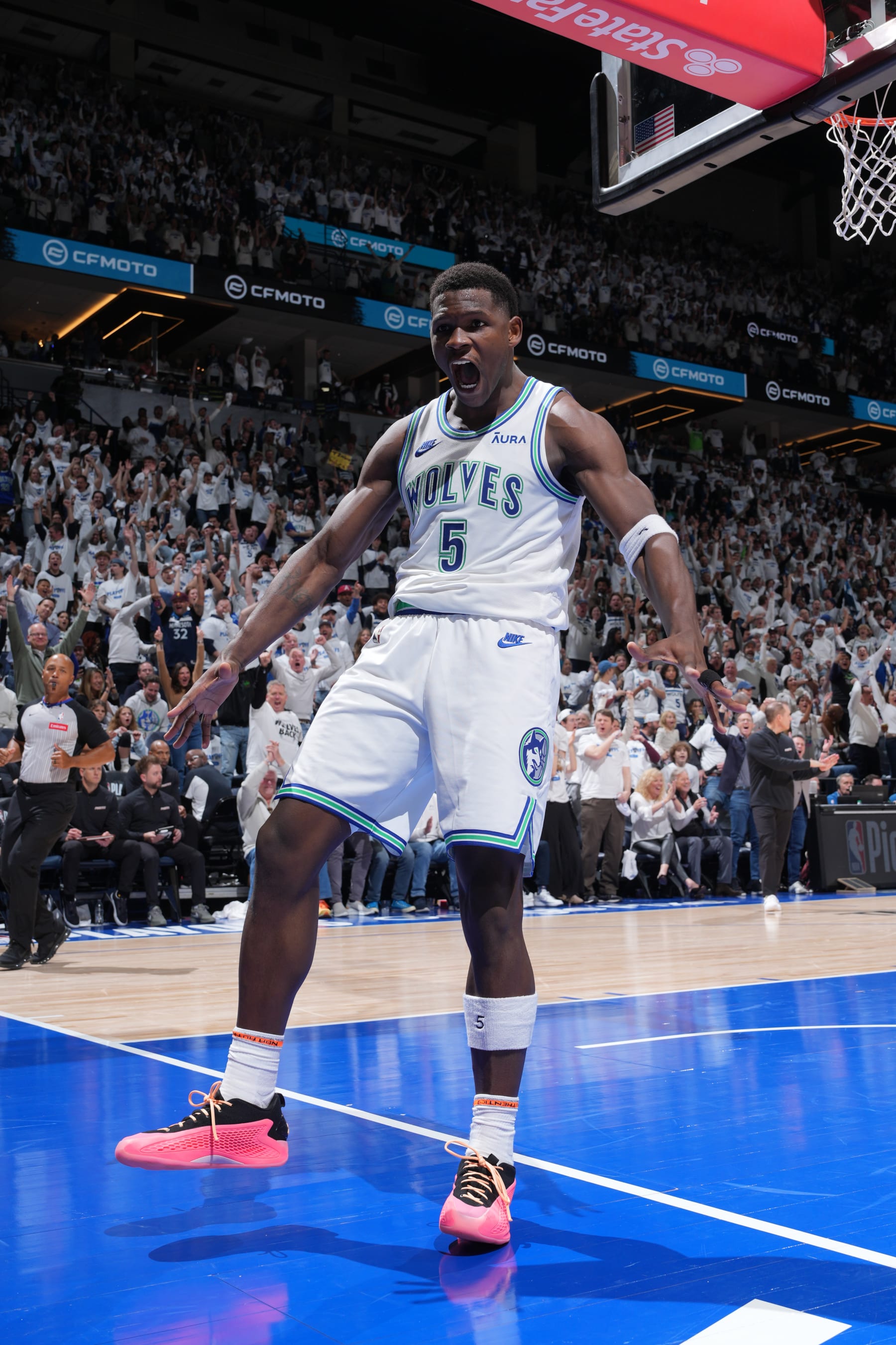 MINNEAPOLIS, MN -  APRIL 20: Anthony Edwards #5 of the Minnesota Timberwolves celebrates during Round One Game One of the 2024 NBA Playoffs against the Phoenix Suns on April 20, 2024 at Target Center in Minneapolis, Minnesota. NOTE TO USER: User expressly acknowledges and agrees that, by downloading and or using this Photograph, user is consenting to the terms and conditions of the Getty Images License Agreement. Mandatory Copyright Notice: Copyright 2024 NBAE (Photo by Jordan Johnson/NBAE via Getty Images)