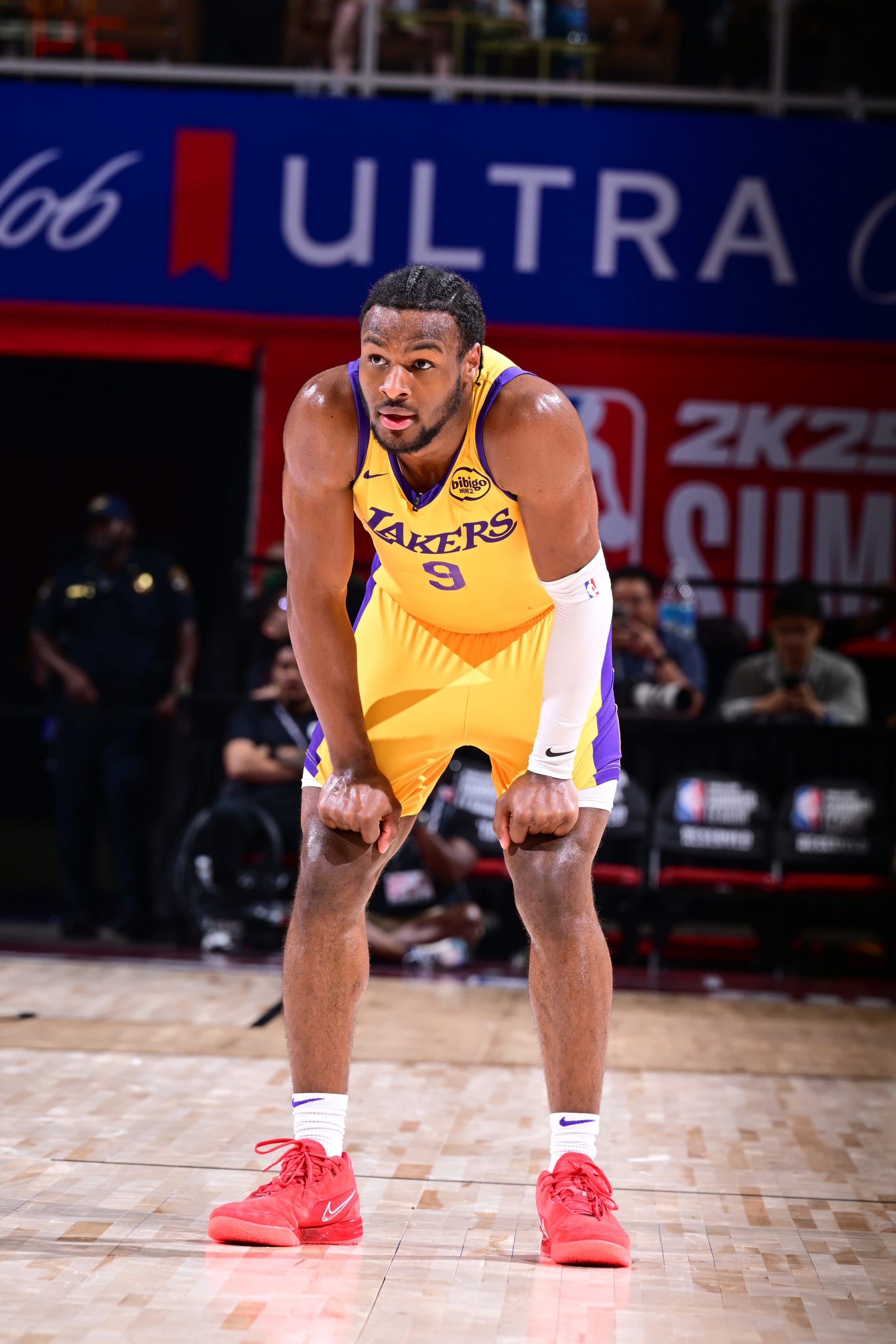 LAS VEGAS, NV - JULY 17:  Bronny James Jr. #9 of the Los Angeles Lakers looks on during the game on July 17, 2024 at the Thomas & Mack Center in Las Vegas, Nevada. NOTE TO USER: User expressly acknowledges and agrees that, by downloading and or using this photograph, User is consenting to the terms and conditions of the Getty Images License Agreement. Mandatory Copyright Notice: Copyright 2024 NBAE (Photo by Adam Hagy/NBAE via Getty Images)