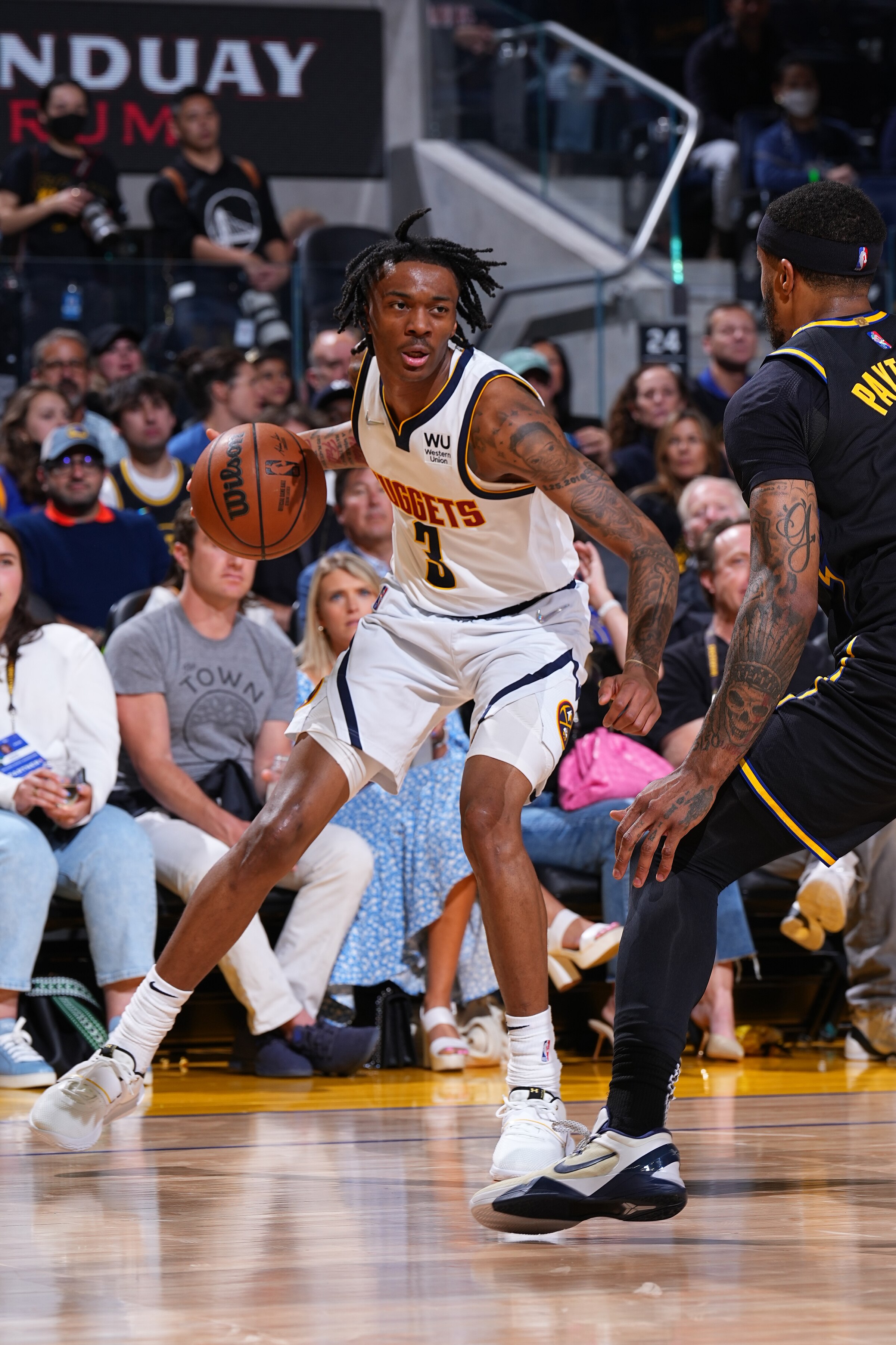 SAN FRANCISCO, CA - APRIL 27: Bones Hyland #3 of the Denver Nuggets drives to the basket against the Golden State Warriors during Round 1 Game 5 of the 2022 NBA Playoffs on April 27, 2022 at Chase Center in San Francisco, California. NOTE TO USER: User expressly acknowledges and agrees that, by downloading and or using this photograph, user is consenting to the terms and conditions of Getty Images License Agreement. Mandatory Copyright Notice: Copyright 2022 NBAE (Photo by Garrett Ellwood/NBAE via Getty Images)