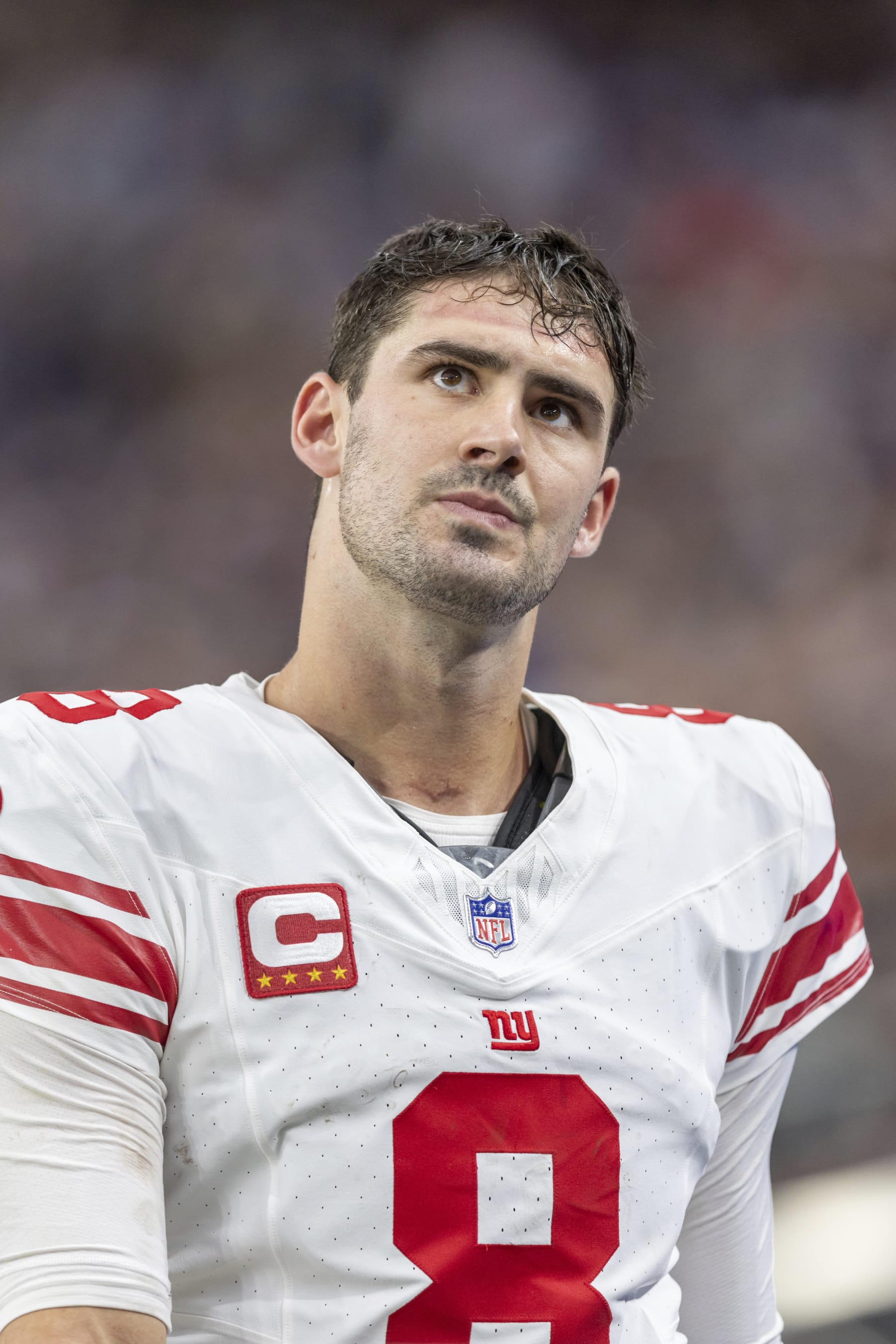 New York Giants quarterback Daniel Jones (8) against the Las Vegas Raiders in an NFL football game, Sunday, Nov. 5, 2023, in Las Vegas, NV. (AP Photo/Jeff Lewis)