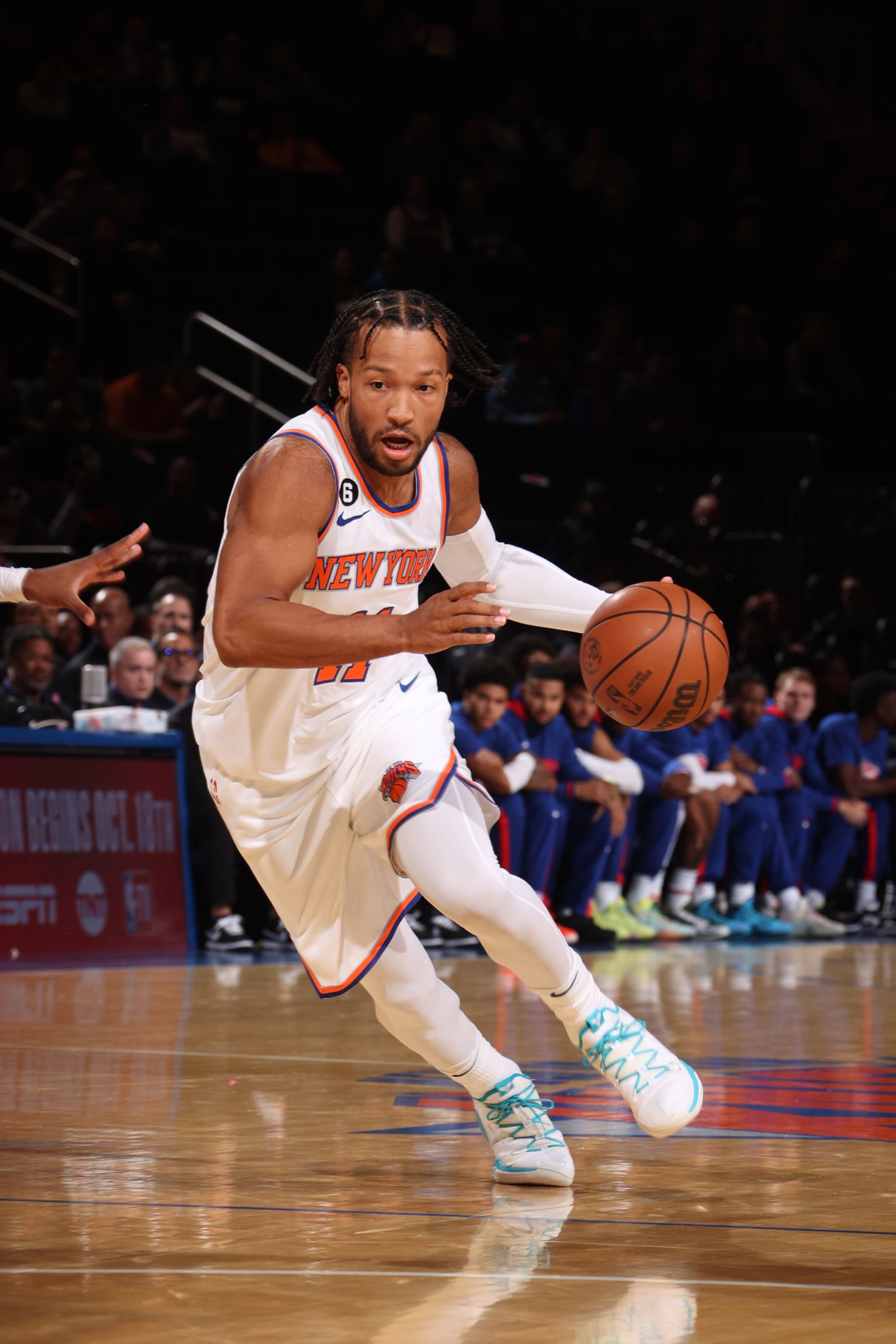 NEW YORK, NY - OCTOBER 4: Jalen Brunson #11 of the New York Knicks drives to the basket during a preseason game on October 4, 2022 at Madison Square Garden in New York City, New York.  NOTE TO USER: User expressly acknowledges and agrees that, by downloading and or using this photograph, User is consenting to the terms and conditions of the Getty Images License Agreement. Mandatory Copyright Notice: Copyright 2022 NBAE  (Photo by Nathaniel S. Butler/NBAE via Getty Images)