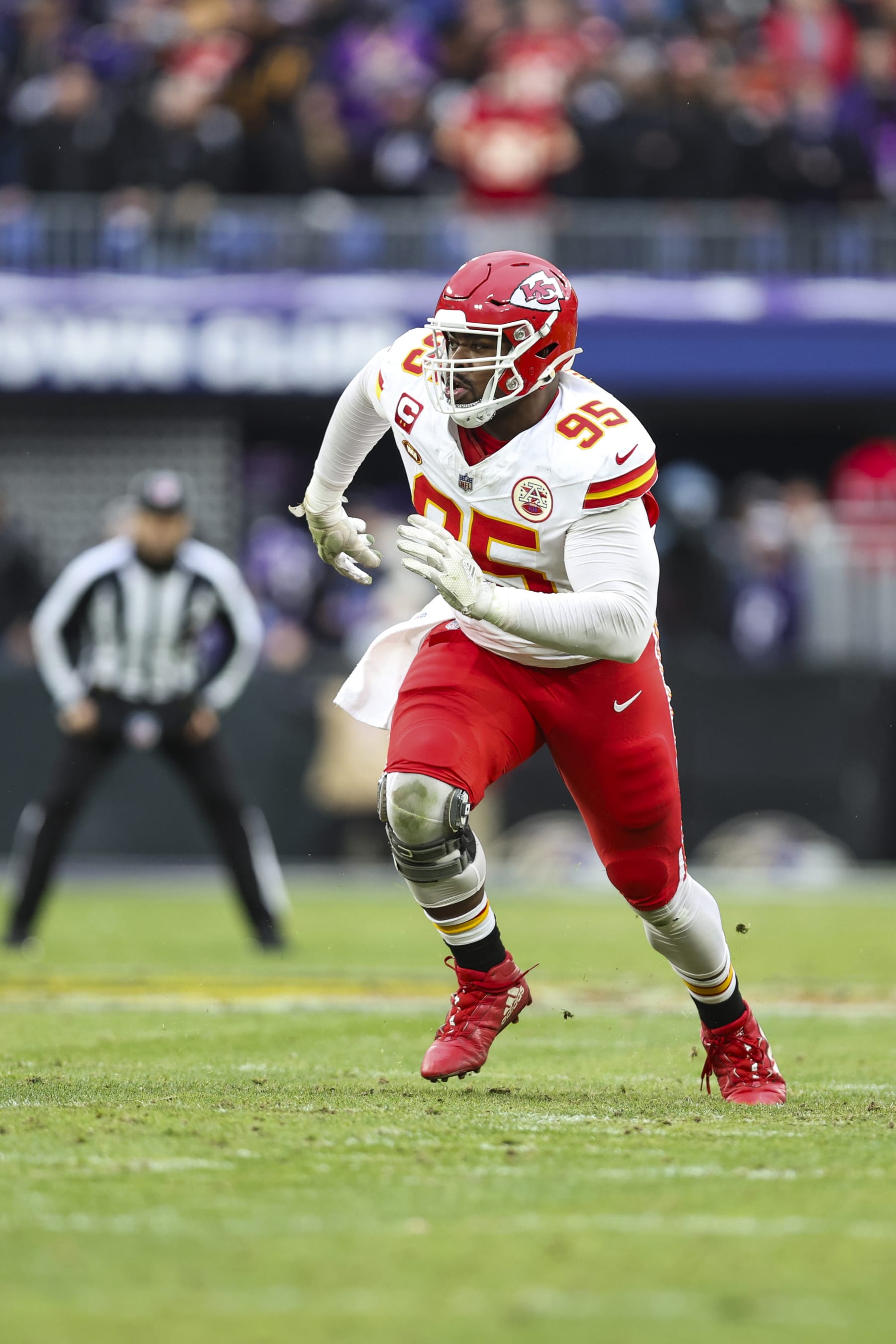 BALTIMORE, MD - JANUARY 28: Chris Jones #95 of the Kansas City Chiefs rushes the passer during the AFC Championship NFL football game against the Baltimore Ravens at M&T Bank Stadium on January 28, 2024 in Baltimore, Maryland. (Photo by Perry Knotts/Getty Images)