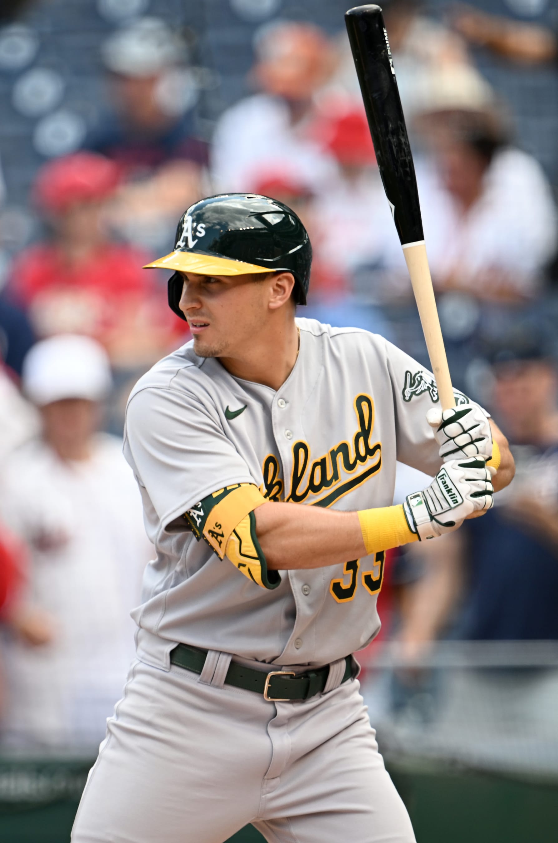 WASHINGTON, DC - AUGUST 13: JJ Bleday #33 of the Oakland Athletics bats against the Washington Nationals at Nationals Park on August 13, 2023 in Washington, DC. (Photo by G Fiume/Getty Images)