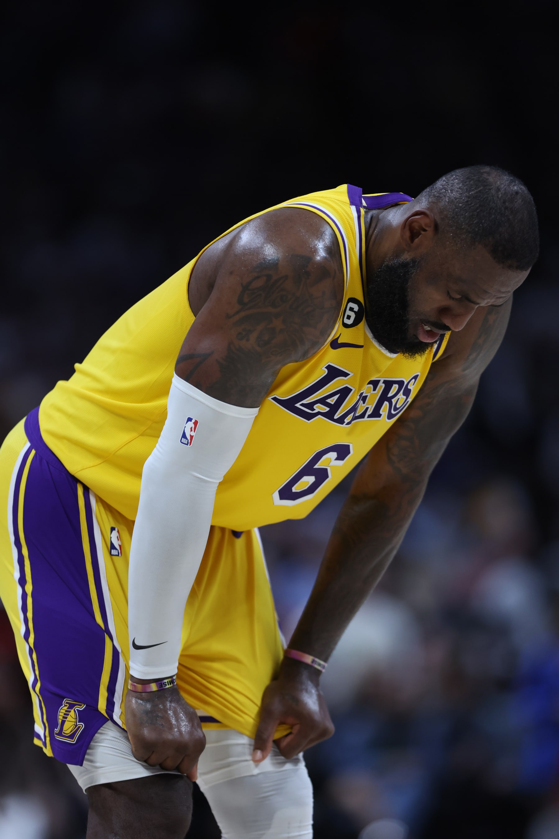 DENVER, COLORADO - MAY 18: LeBron James #6 of the Los Angeles Lakers reacts after losing to the Denver Nuggets in game two of the Western Conference Finals at Ball Arena on May 18, 2023 in Denver, Colorado. NOTE TO USER: User expressly acknowledges and agrees that, by downloading and or using this photograph, User is consenting to the terms and conditions of the Getty Images License Agreement. (Photo by Matthew Stockman/Getty Images)