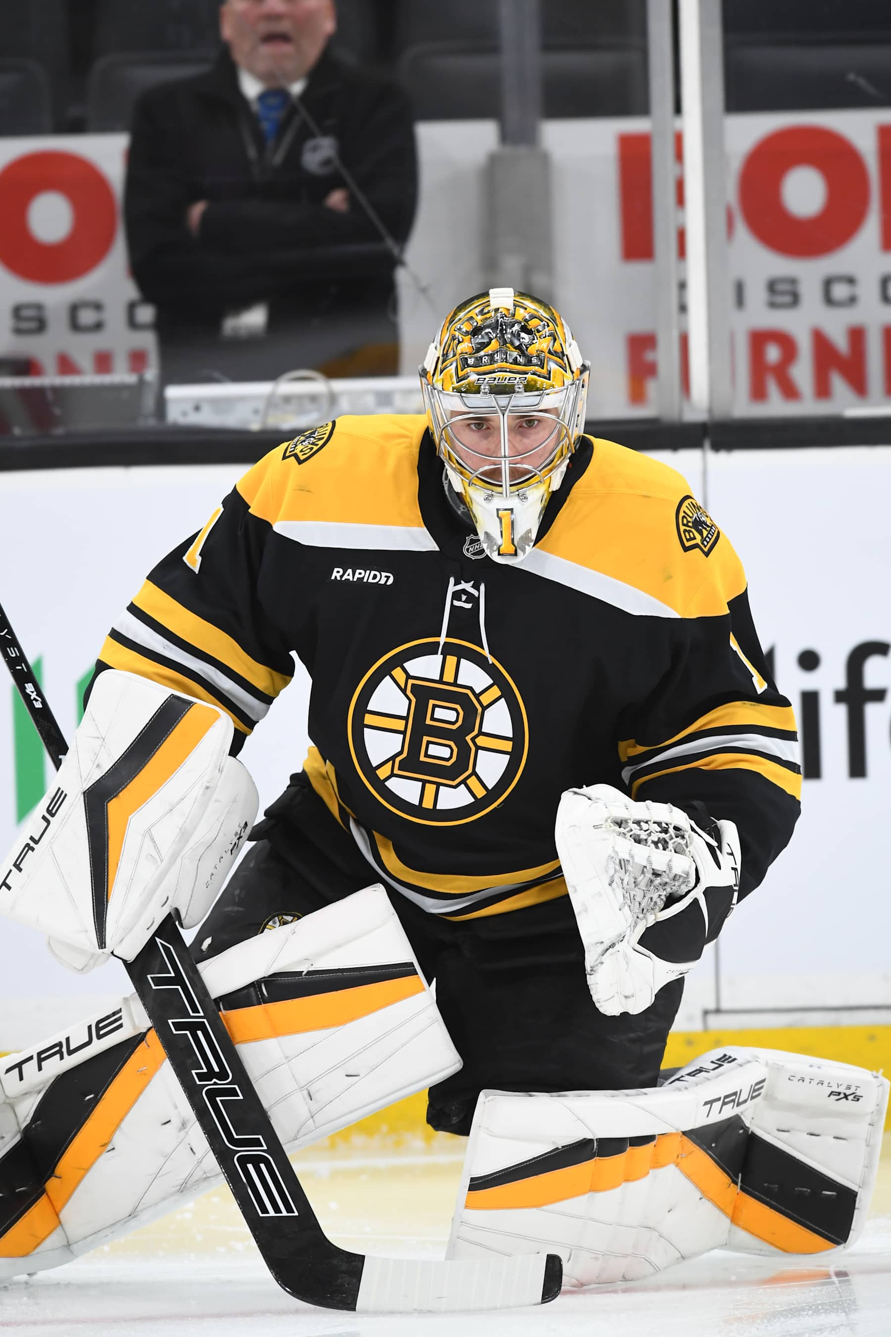 BOSTON, MASSACHUSETTS - NOVEMBER 21: Jeremy Swayman #1 of the Boston Bruins warms up before the game against the Utah Hockey Club on November 21, 2024, at the TD Garden in Boston, Massachusetts. (Photo by Steve Babineau/NHLI via Getty Images)