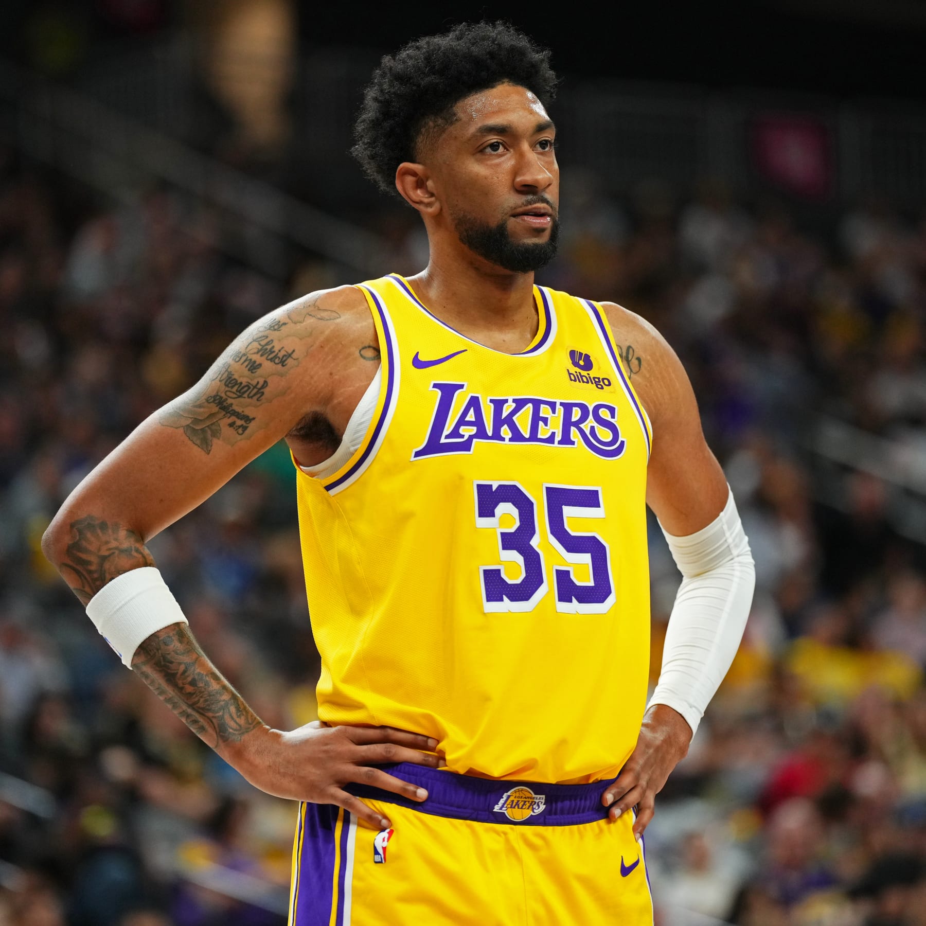 LAS VEGAS, NV - OCTOBER 9: Christian Wood #35 of the Los Angeles Lakers looks on during the game against the Brooklyn Nets on October 9, 2023 at T-Mobile Arena in Las Vegas, Nevada. NOTE TO USER: User expressly acknowledges and agrees that, by downloading and or using this photograph, User is consenting to the terms and conditions of the Getty Images License Agreement. Mandatory Copyright Notice: Copyright 2023 NBAE (Photo by Jeff Bottari/NBAE via Getty Images)
