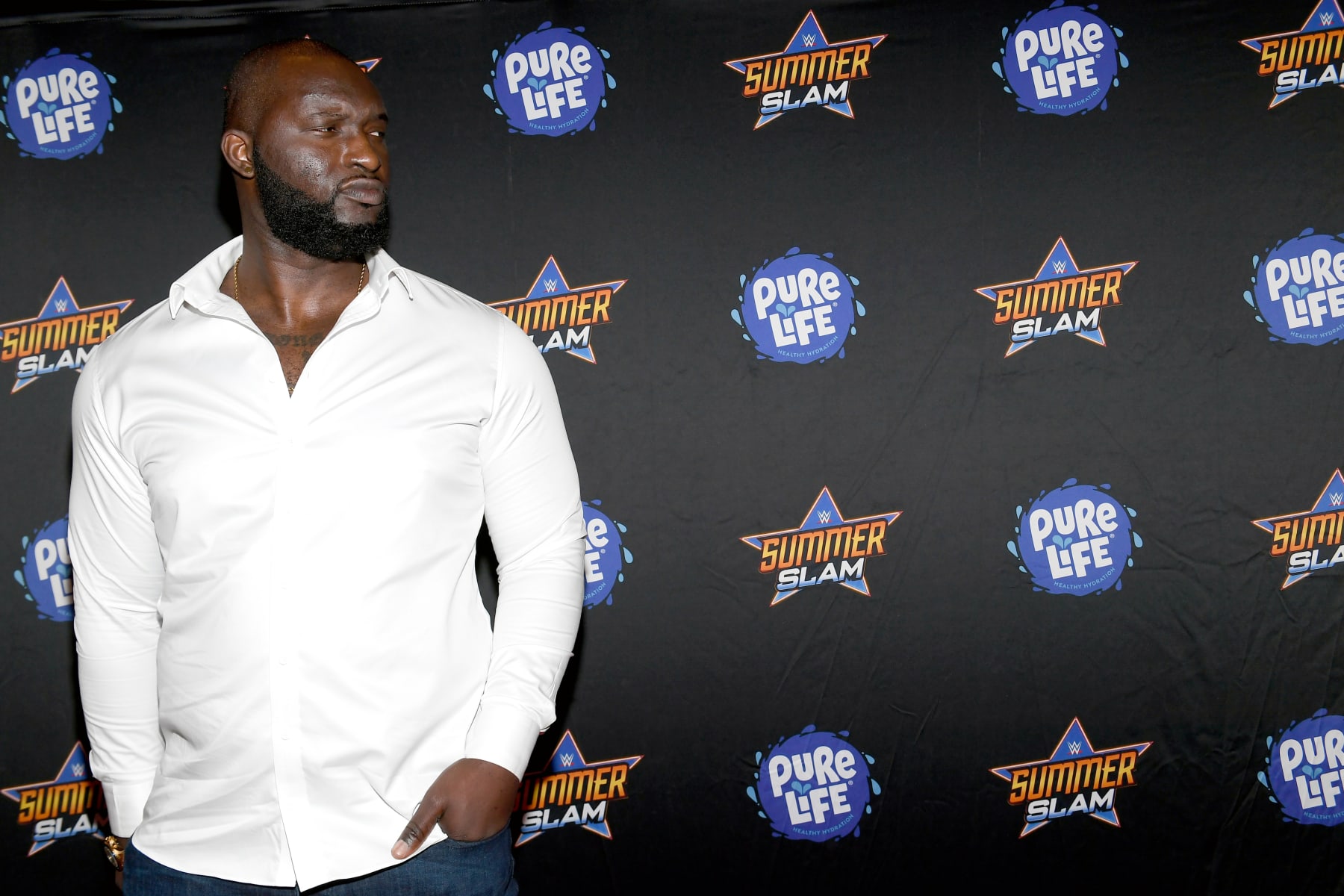 LAS VEGAS, NEVADA - AUGUST 21: Professional wrestler Jordan "Omos" Omogbehin attends the WWE SummerSlam after party at Delano Las Vegas at Mandalay Bay Resort and Casino on August 21, 2021 in Las Vegas, Nevada. (Photo by Bryan Steffy/Getty Images for WWE SummerSlam After Party)