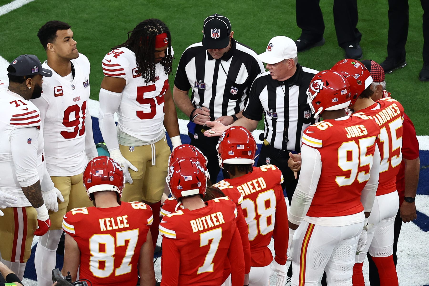 LAS VEGAS, NEVADA - FEBRUARY 11: Captains for the Kansas City Chiefs and San Francisco 49ers lineup for the coin toss prior to Super Bowl LVIII at Allegiant Stadium on February 11, 2024 in Las Vegas, Nevada. (Photo by Tim Nwachukwu/Getty Images)