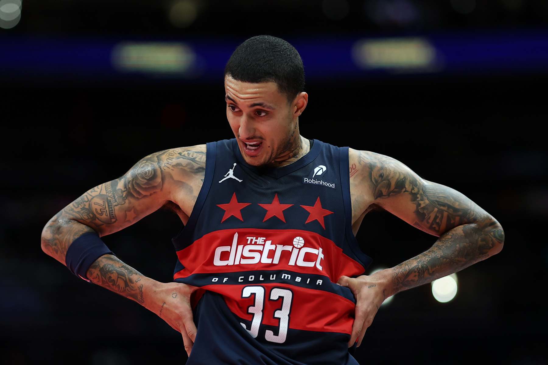 WASHINGTON, DC - NOVEMBER 26: Kyle Kuzma #33 of the Washington Wizards reacts against the Chicago Bulls during the second half in the Emirates NBA Cup at Capital One Arena on November 26, 2024 in Washington, DC. (Photo by Patrick Smith/Getty Images)