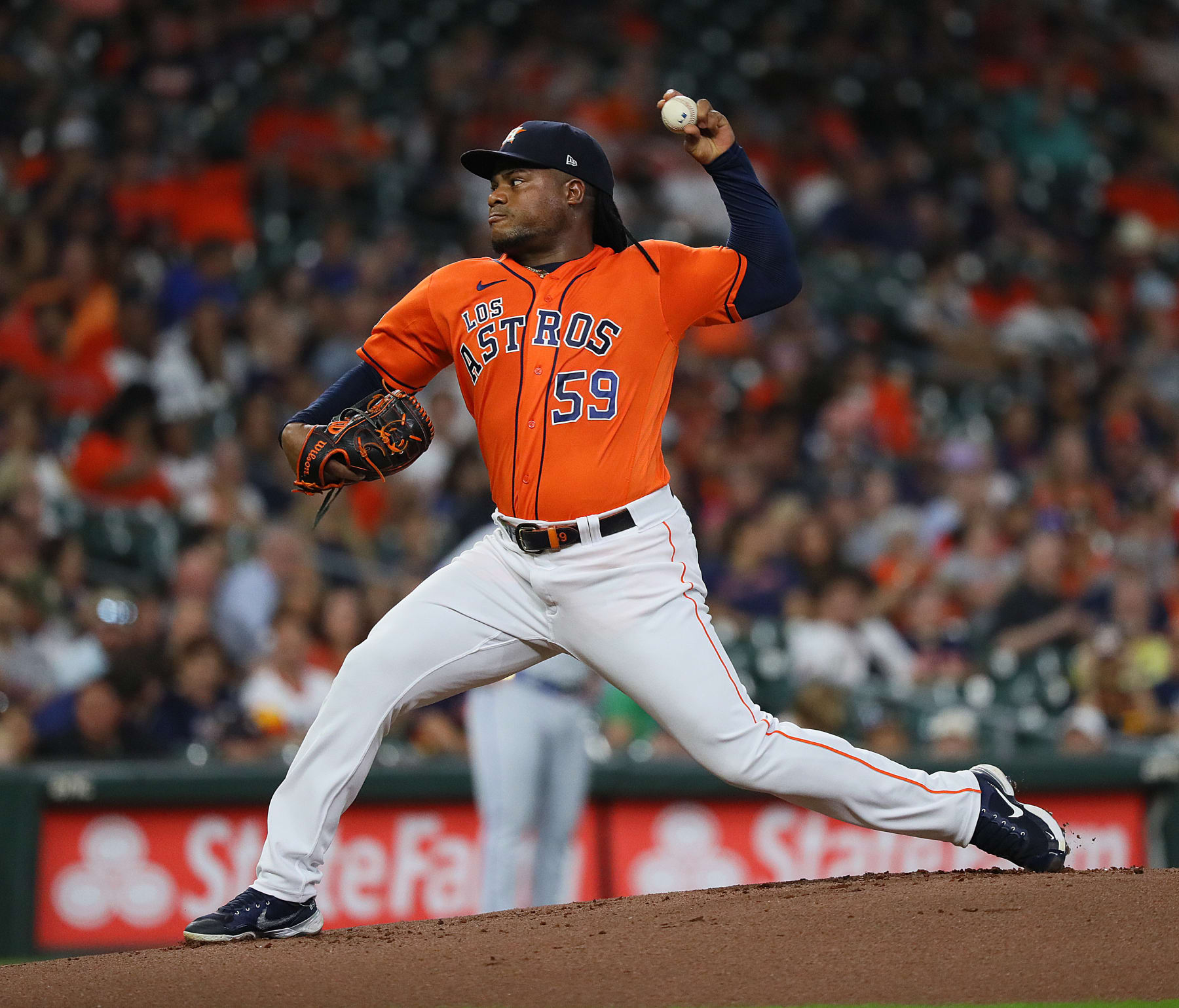 HOUSTON, TEXAS - SEPTEMBER 22: Framber Valdez #59 of the Houston Astros pitches in the first inning against the Kansas City Royals at Minute Maid Park on September 22, 2023 in Houston, Texas. (Photo by Bob Levey/Getty Images)