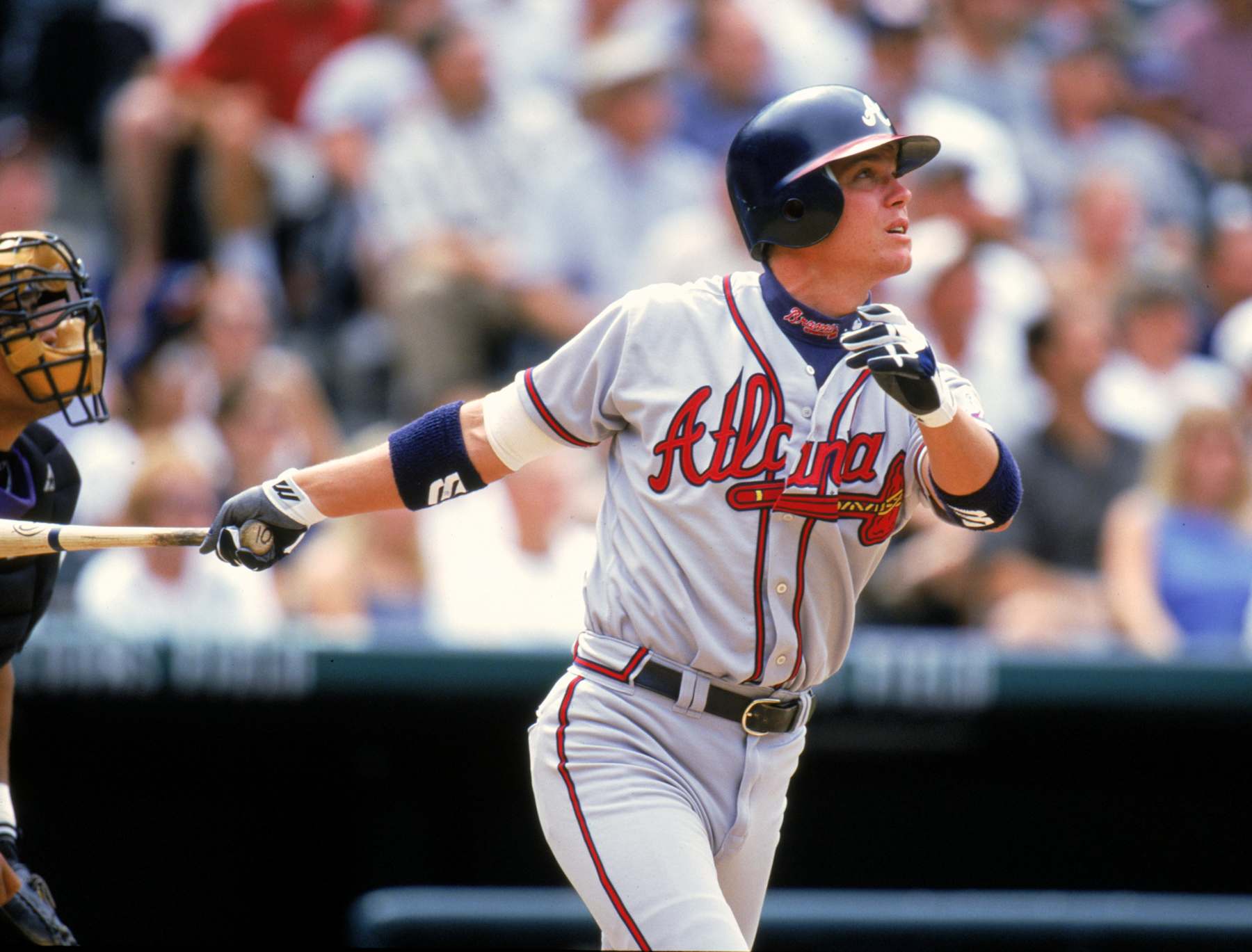 19 Aug 1999:  Third baseman Chipper Jones #10 of the Atlanta Braves watches his ball during a game against the Colorado Rockies at the Coors Field in Denver, Colorado. The Braves defeated the Rockies 7-9.. Mandatory Credit: Brian Bahr  /Allsport