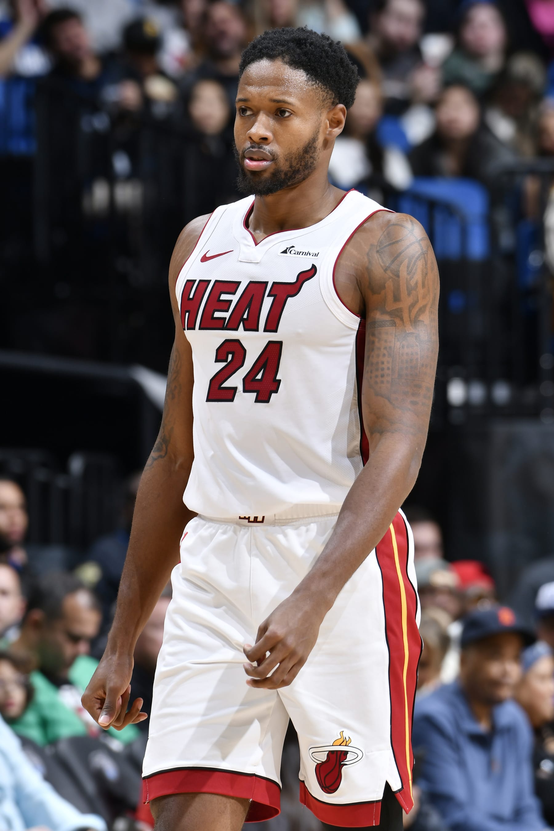 ORLANDO, FL - JANUARY 21: Haywood Highsmith #24 of the Miami Heat looks on during the game against the Orlando Magic on January 21, 2024 at Amway Center in Orlando, Florida. NOTE TO USER: User expressly acknowledges and agrees that, by downloading and or using this photograph, User is consenting to the terms and conditions of the Getty Images License Agreement. Mandatory Copyright Notice: Copyright 2024 NBAE (Photo by Fernando Medina/NBAE via Getty Images)