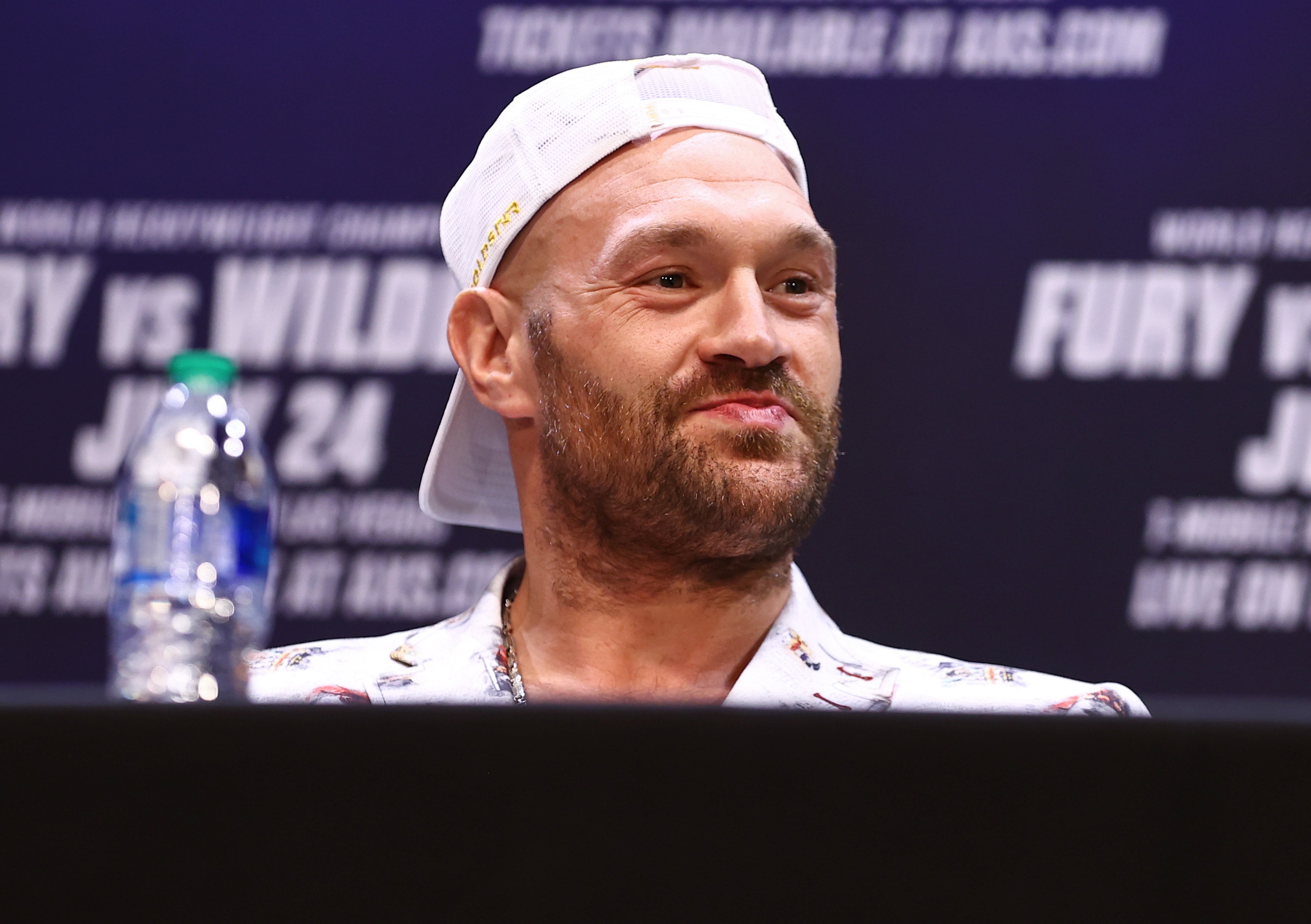 LOS ANGELES, CA - JUNE 15: WBC Heavyweight Champion Tyson Fury smiles during their press conference for the WBC heavyweight championship at The Novo by Microsoft at L.A. Live on June 15, 2021 in Los Angeles, California. (Photo by Mikey Williams/Top Rank Inc/Getty Images)