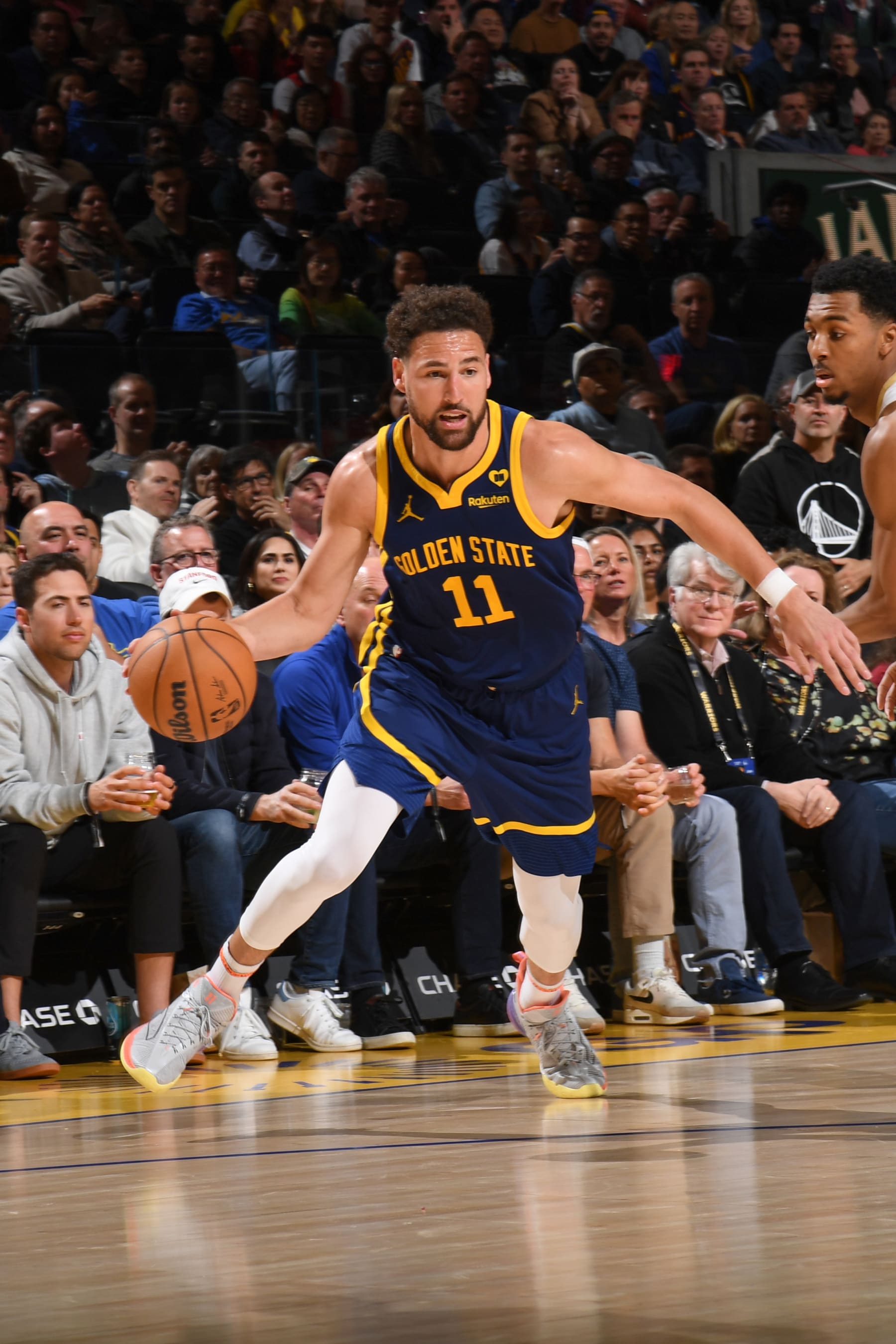 SAN FRANCISCO, CA - APRIL 12: Klay Thompson #11 of the Golden State Warriors goes to the basket during the game on April 12, 2024 at Chase Center in San Francisco, California. NOTE TO USER: User expressly acknowledges and agrees that, by downloading and or using this photograph, user is consenting to the terms and conditions of Getty Images License Agreement. Mandatory Copyright Notice: Copyright 2024 NBAE (Photo by Noah Graham/NBAE via Getty Images)
