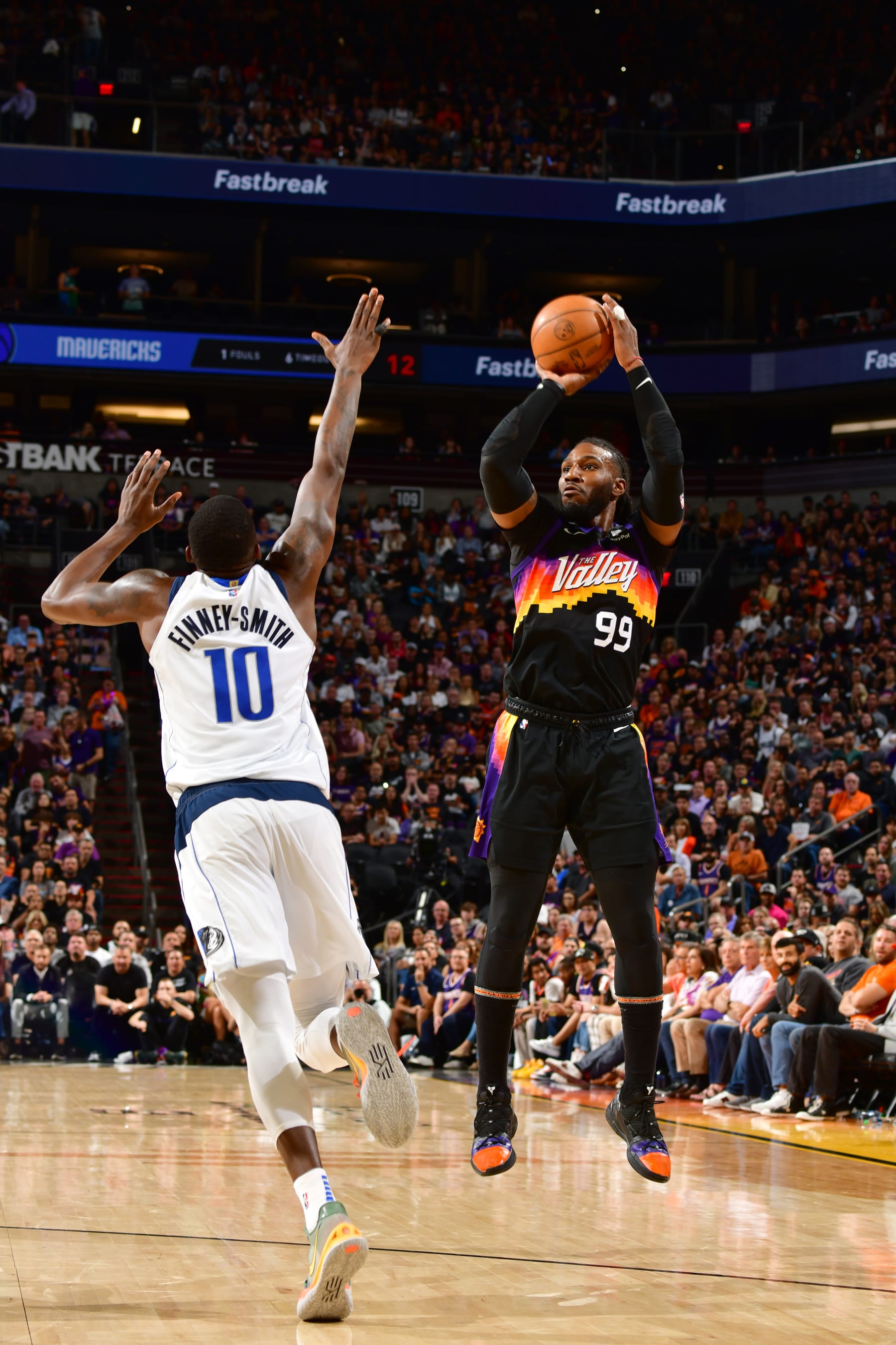 PHOENIX, AZ - MAY 10: Jae Crowder #99 of the Phoenix Suns shoots a three point basket against the Dallas Mavericks during Game 5 of the 2022 NBA Playoffs Western Conference Semifinals on May 10, 2022 at Footprint Center in Phoenix, Arizona. NOTE TO USER: User expressly acknowledges and agrees that, by downloading and or using this photograph, user is consenting to the terms and conditions of the Getty Images License Agreement. Mandatory Copyright Notice: Copyright 2022 NBAE (Photo by Barry Gossage/NBAE via Getty Images)