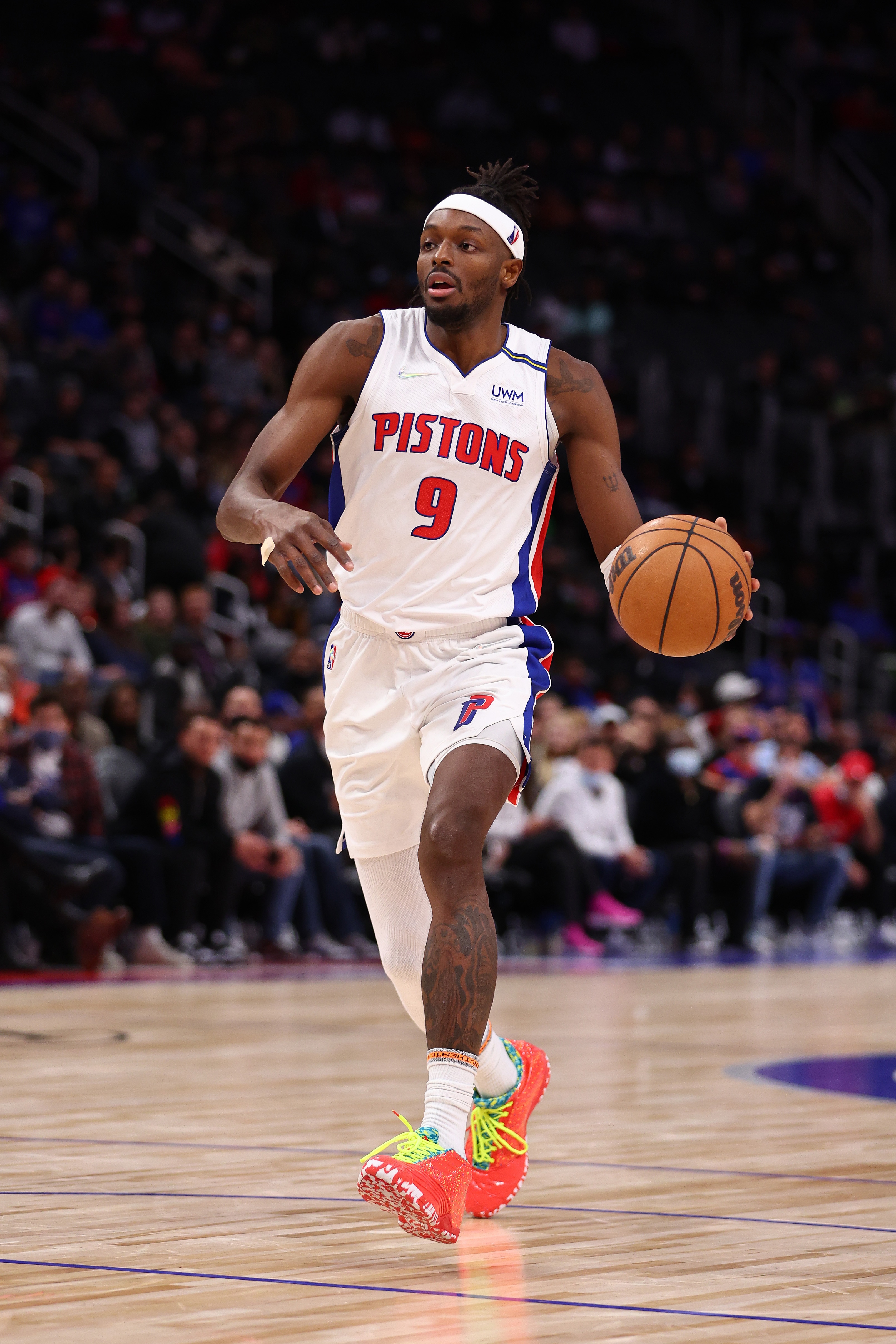 DETROIT, MICHIGAN - DECEMBER 08: Jerami Grant #9 of the Detroit Pistons plays against the plays against the at Little Caesars Arena on December 08, 2021 in Detroit, Michigan. NOTE TO USER: User expressly acknowledges and agrees that, by downloading and or using this photograph, User is consenting to the terms and conditions of the Getty Images License Agreement. (Photo by Gregory Shamus/Getty Images)