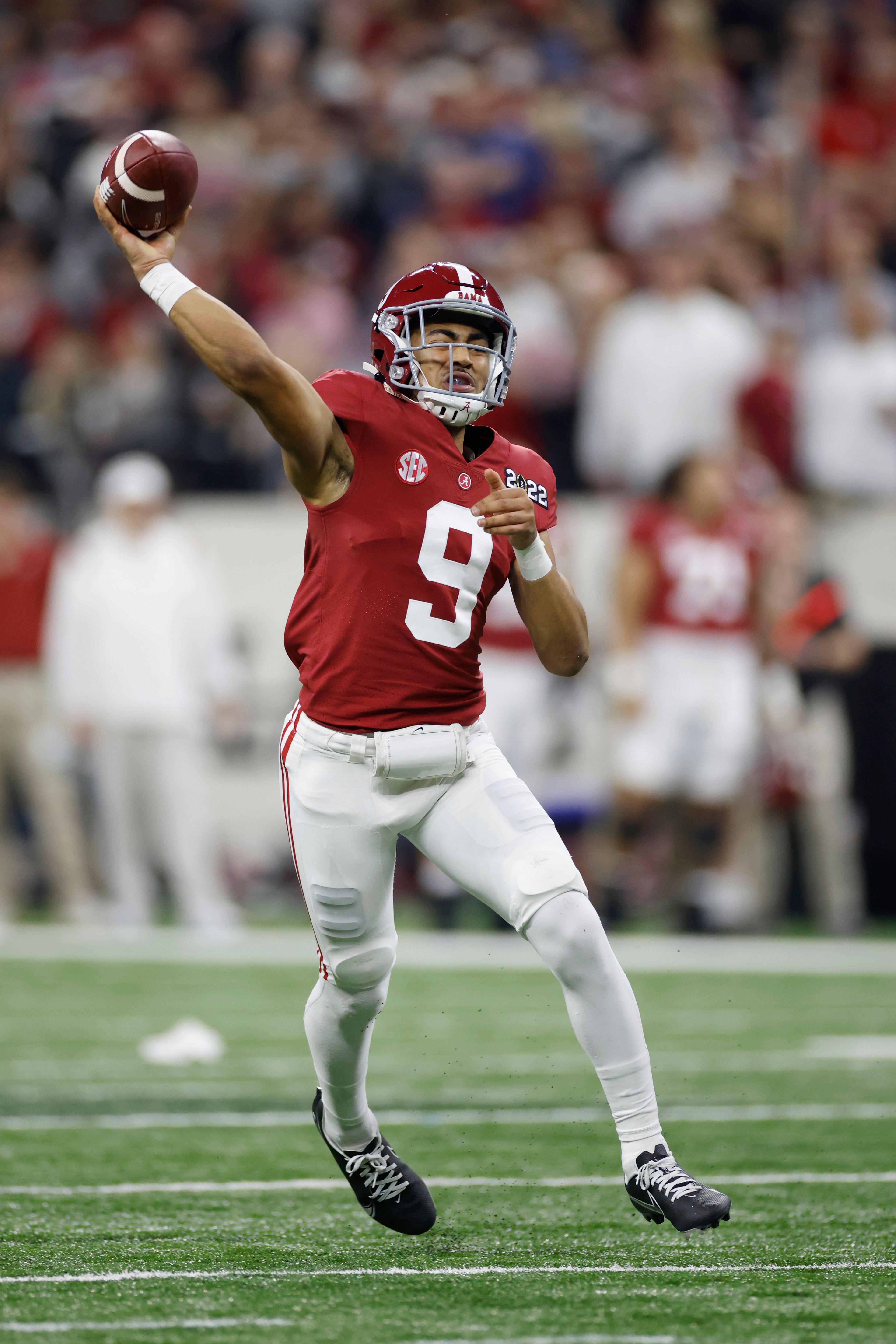 INDIANAPOLIS, IN - JANUARY 10: Alabama Crimson Tide quarterback Bryce Young (9) passes the ball during the CFP National Championship college football game against the Georgia Bulldogs on Jan. 10, 2022 at Lucas Oil Stadium in Indianapolis, Indiana. (Photo by Joe Robbins/Icon Sportswire via Getty Images) INDIANAPOLIS, IN - JANUARY 10: Alabama Crimson Tide quarterback Bryce Young (9) passes the ball during the CFP National Championship college football game against the Georgia Bulldogs on Jan. 10, 2022 at Lucas Oil Stadium in Indianapolis, Indiana. (Photo by Joe Robbins/Icon Sportswire via Getty Images)
