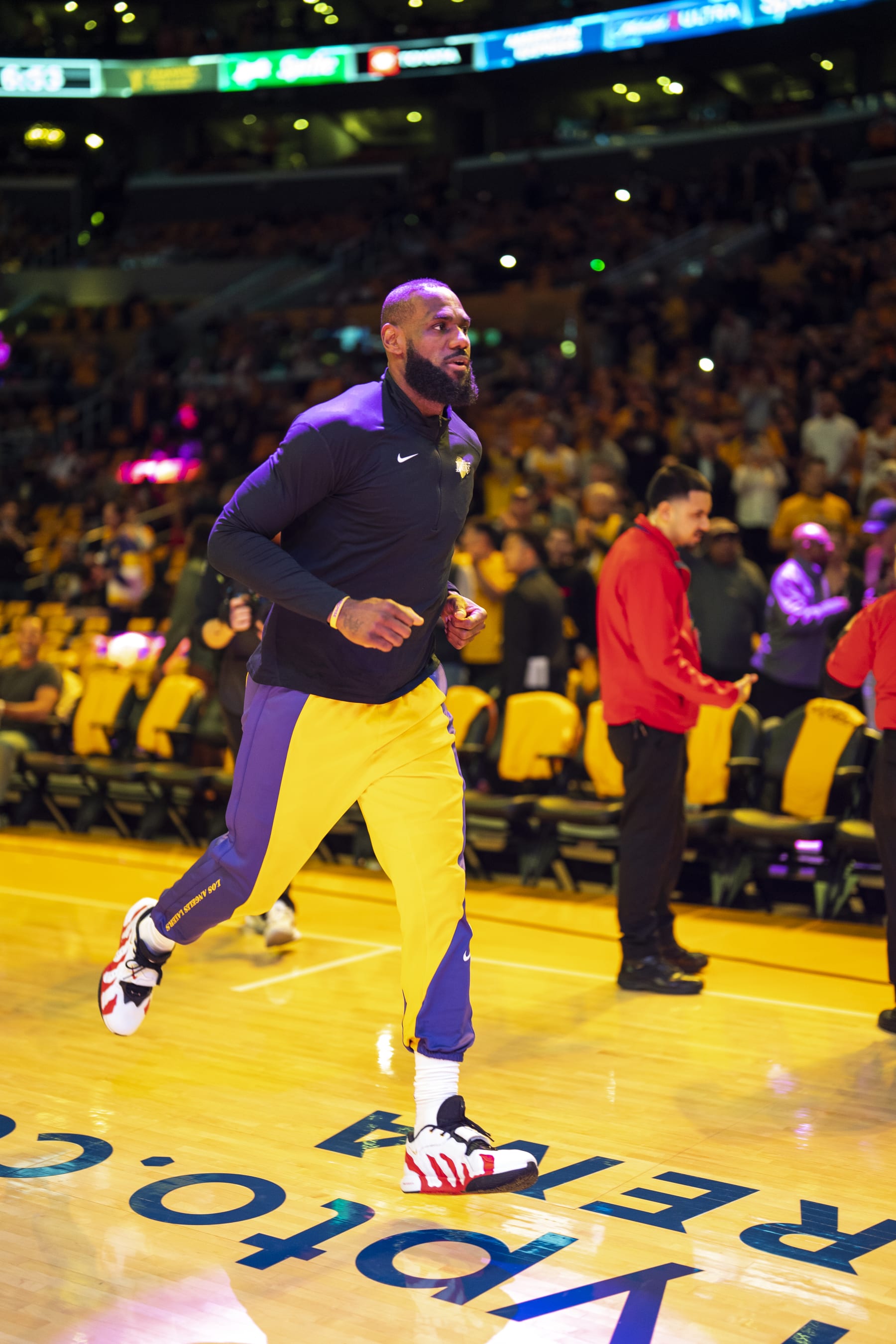 LOS ANGELES, CA - APRIL 25: LeBron James #23 of the Los Angeles Lakers warms up before the game against the Denver Nuggets during Round 1 Game 3 of the 2024 NBA Playoffs on April 25, 2024 at Crypto.Com Arena in Los Angeles, California. NOTE TO USER: User expressly acknowledges and agrees that, by downloading and/or using this Photograph, user is consenting to the terms and conditions of the Getty Images License Agreement. Mandatory Copyright Notice: Copyright 2024 NBAE (Photo by Tyler Ross/NBAE via Getty Images)
