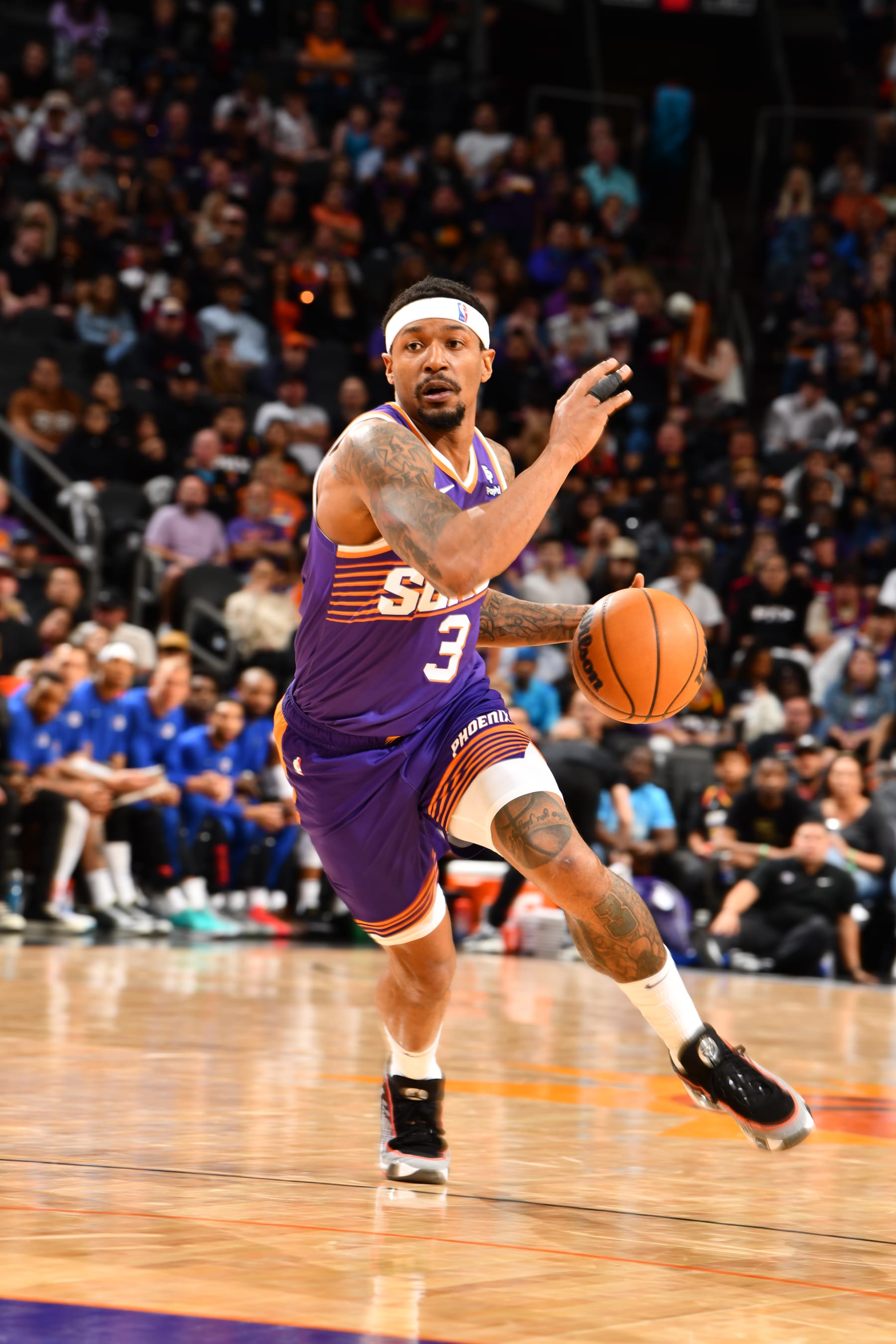 PHOENIX, AZ - APRIL 9: Bradley Beal #3 of the Phoenix Suns goes to the basket during the game  on April 9, 2024 at Footprint Center in Phoenix, Arizona. NOTE TO USER: User expressly acknowledges and agrees that, by downloading and or using this photograph, user is consenting to the terms and conditions of the Getty Images License Agreement. Mandatory Copyright Notice: Copyright 2024 NBAE (Photo by Barry Gossage/NBAE via Getty Images)