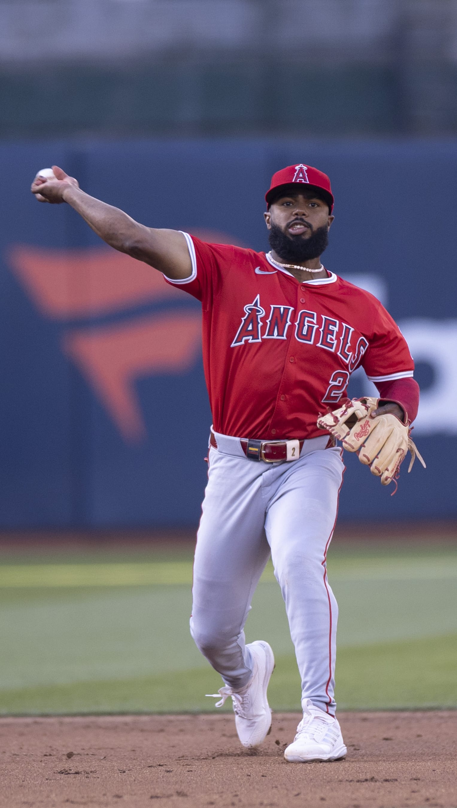 OAKLAND, CA - JULY 3: Luis Rengifo #2 of the Los Angeles Angels fields during the game against the Oakland Athletics at the Oakland Coliseum on July 3, 2024 in Oakland, California. The Athletics defeated the Angels 5-0. (Photo by Michael Zagaris/Oakland Athletics/Getty Images)