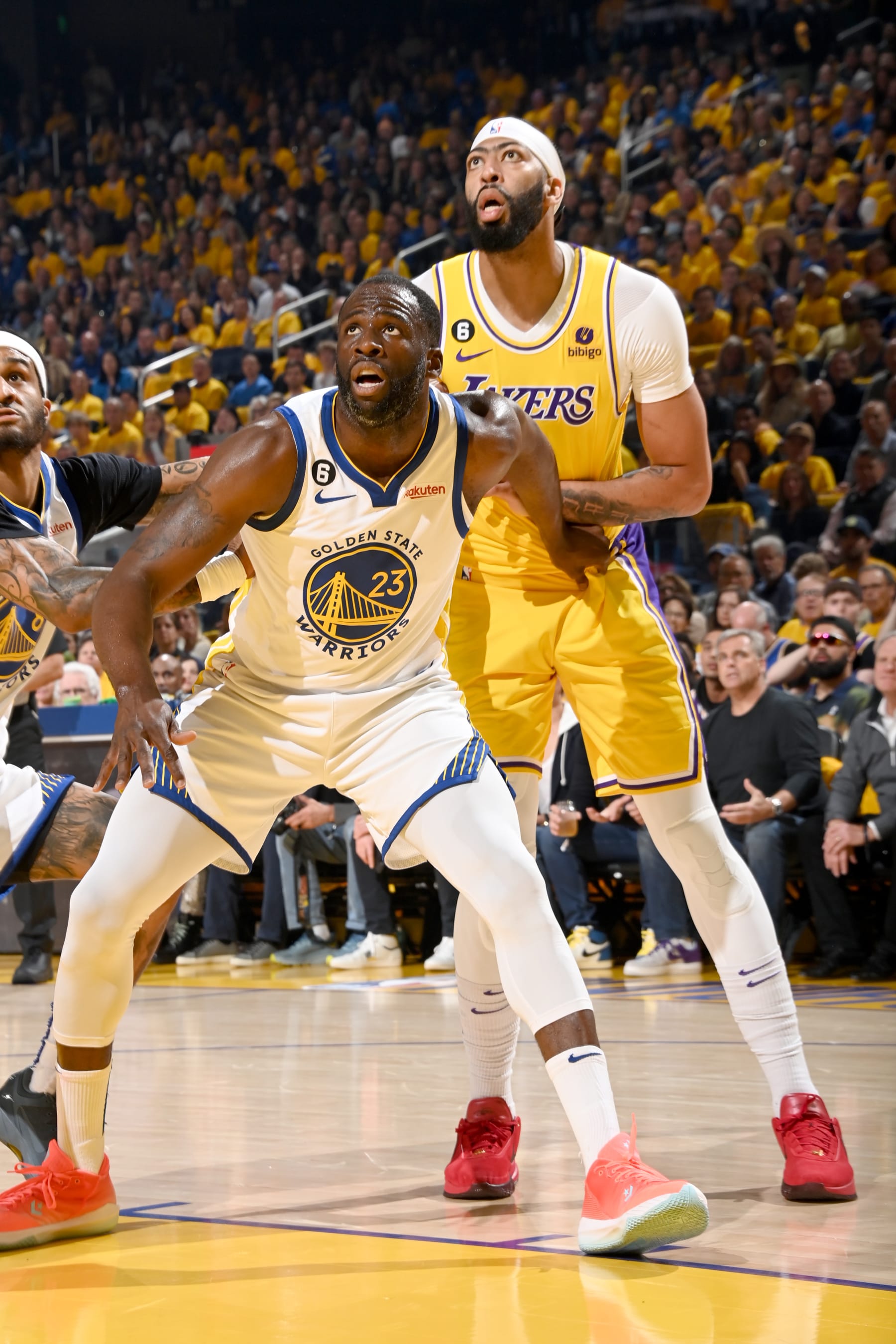 SAN FRANCISCO, CA - MAY 10:  Draymond Green #23 of the Golden State Warriors boxes out Anthony Davis #3 of the Los Angeles Lakers during Game 5 of the Western Conference Semi-Finals of the 2023 NBA Playoffs on May 10, 2023 at Chase Center in San Francisco, California. NOTE TO USER: User expressly acknowledges and agrees that, by downloading and or using this photograph, user is consenting to the terms and conditions of Getty Images License Agreement. Mandatory Copyright Notice: Copyright 2023 NBAE (Photo by Andrew D. Bernstein/NBAE via Getty Images)