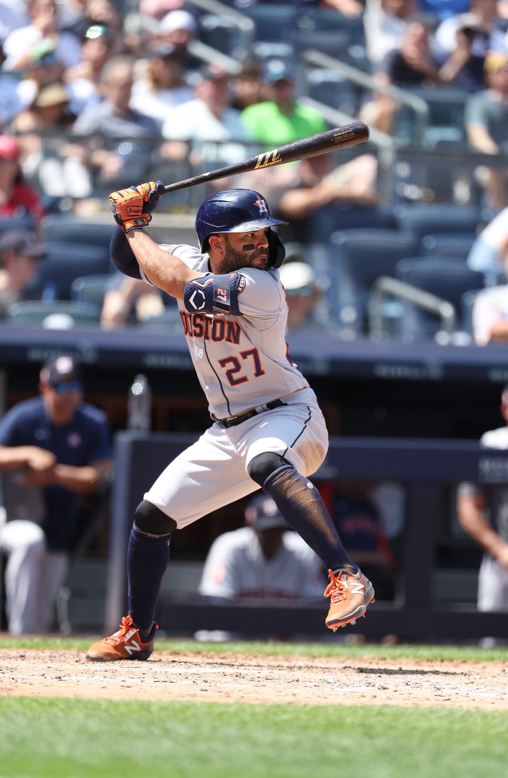 NEW YORK, NEW YORK - JUNE 26:  Jose Altuve #27 of the Houston Astros bats against the New York Yankees during their game at Yankee Stadium on June 26, 2022 in New York City. (Photo by Al Bello/Getty Images)