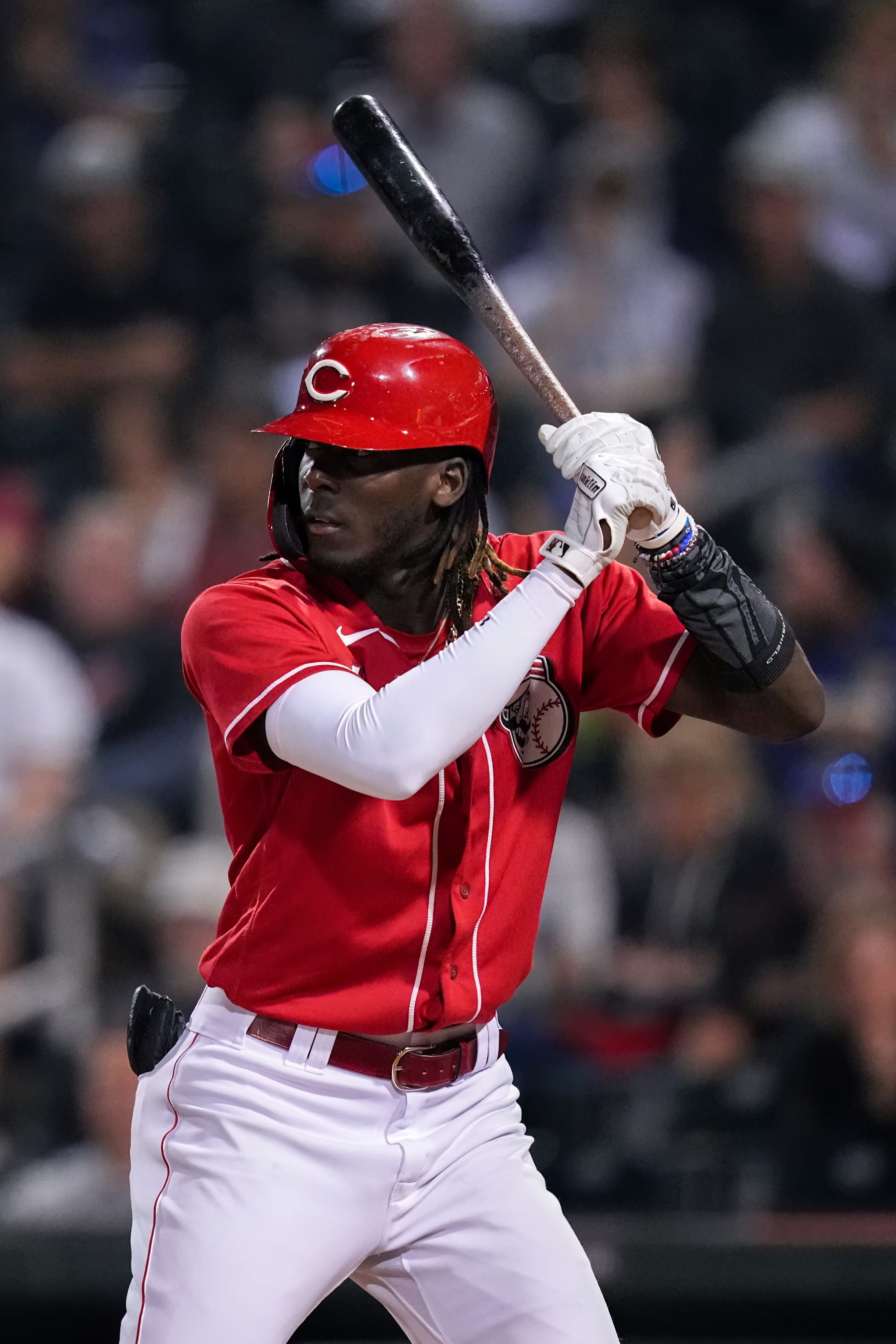 GOODYEAR, ARIZONA - MARCH 10: Elly De La Cruz #44 of the Cincinnati Reds bats in the third inning against the Arizona Diamondbacks during a spring training game at Goodyear Ballpark on March 10, 2023 in Goodyear, Arizona. (Photo by Dylan Buell/Getty Images)