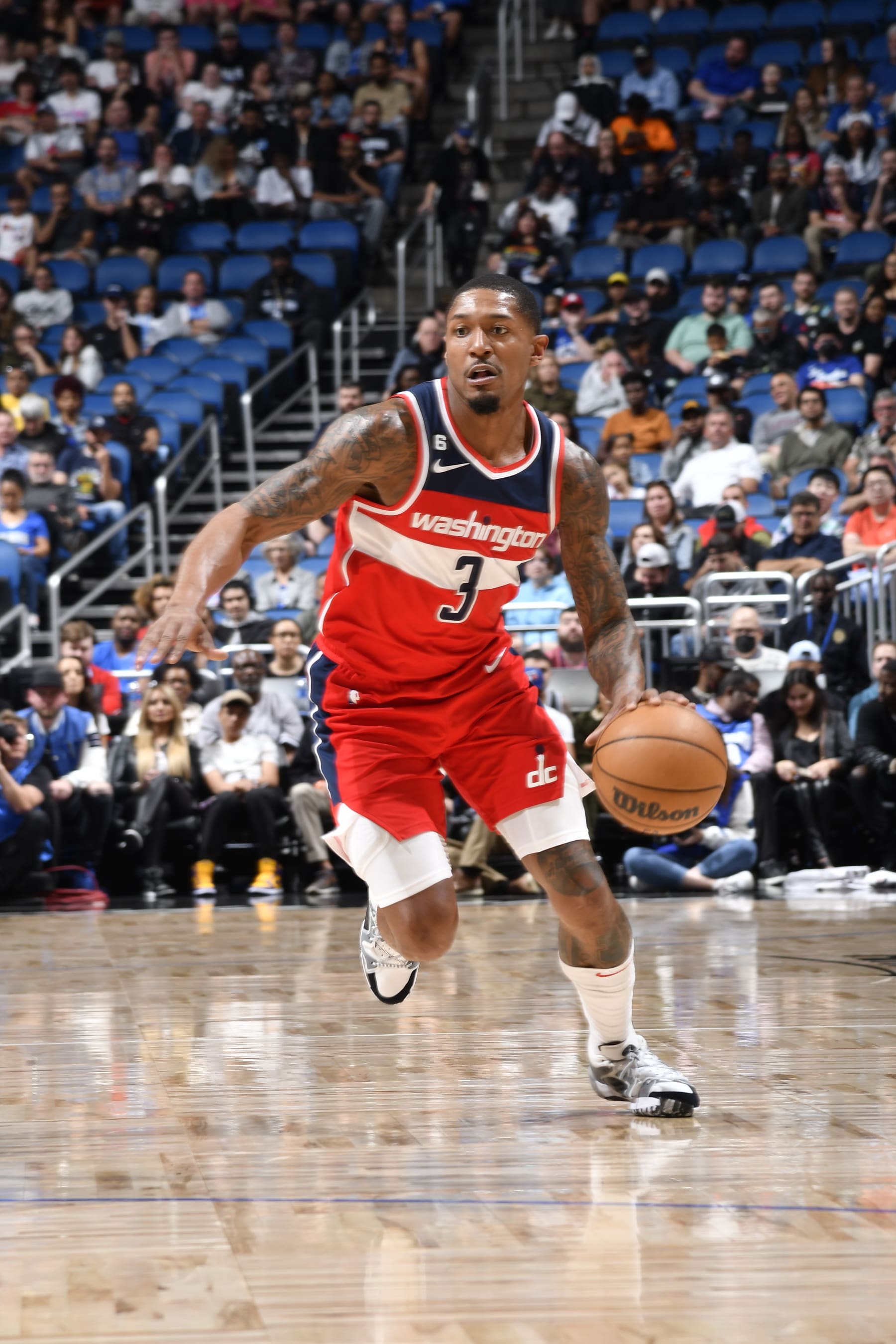 ORLANDO, FL - MARCH 21: Bradley Beal #3 of the Washington Wizards goes to the basket during the game on March 21, 2023 at Amway Center in Orlando, Florida. NOTE TO USER: User expressly acknowledges and agrees that, by downloading and or using this photograph, User is consenting to the terms and conditions of the Getty Images License Agreement. Mandatory Copyright Notice: Copyright 2023 NBAE (Photo by Fernando Medina/NBAE via Getty Images)