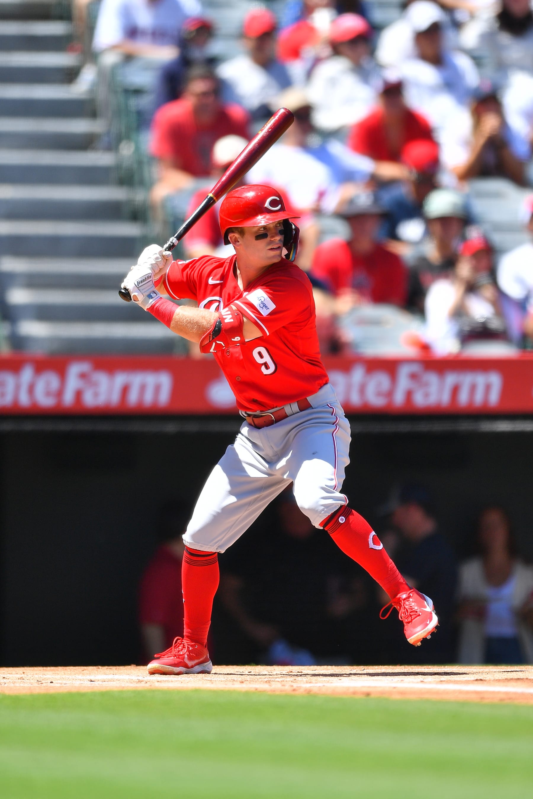 ANAHEIM, CA - AUGUST 23: Cincinnati Reds second baseman Matt McLain (9) at bat during the MLB game 1 of a doubleheader between the Cincinnati Reds and the Los Angeles Angels of Anaheim on August 23, 2023 at Angel Stadium of Anaheim in Anaheim, CA. (Photo by Brian Rothmuller/Icon Sportswire via Getty Images)