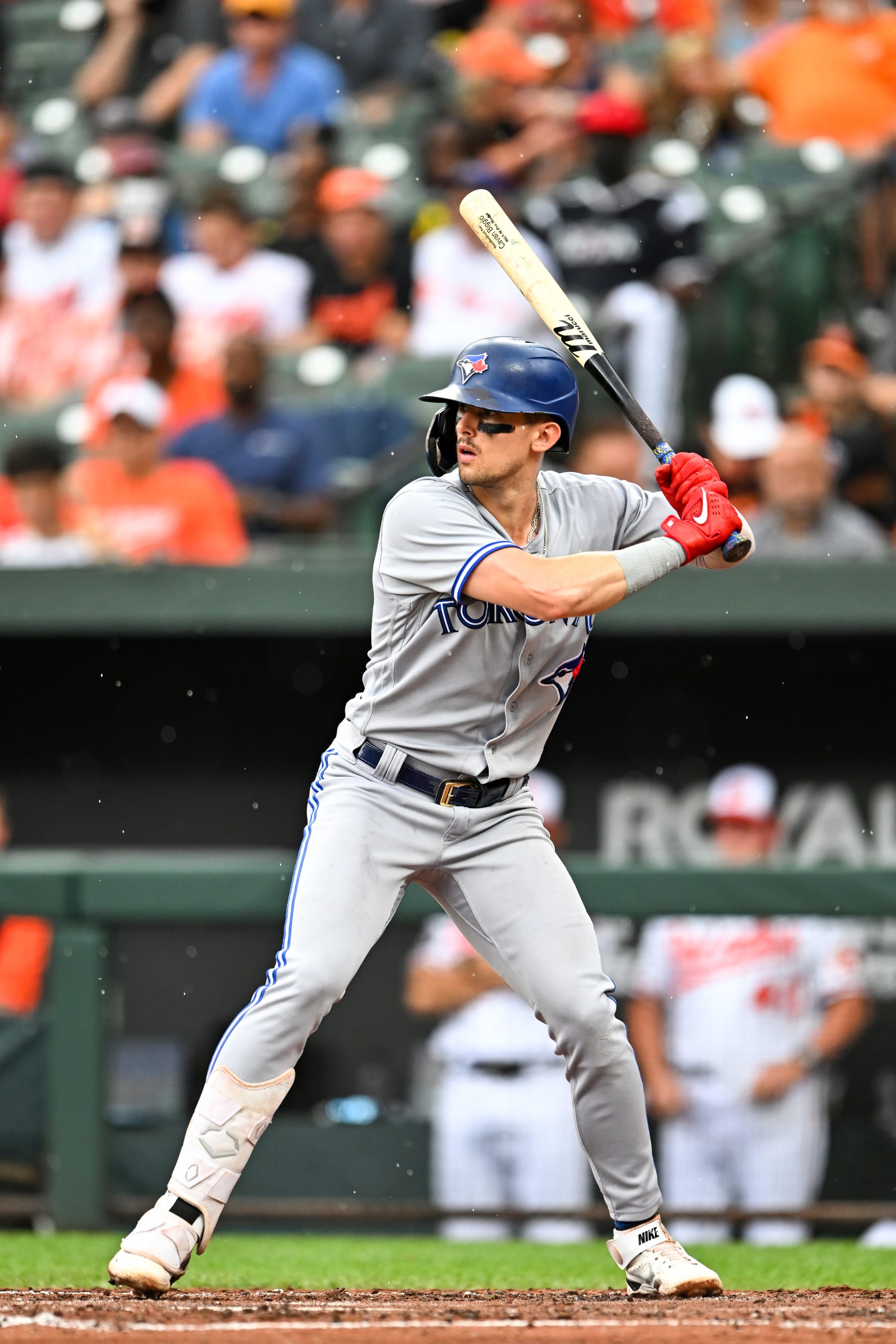 BALTIMORE, MD - SEPTEMBER 05, 2022: Cavan Biggio #8 of the Toronto Blue Jays bats during the fourth inning against the Baltimore Orioles at Oriole Park at Camden Yards on September 5, 2022 in Baltimore, Maryland. (Photo by Chris Bernacchi/Diamond Images via Getty Images)