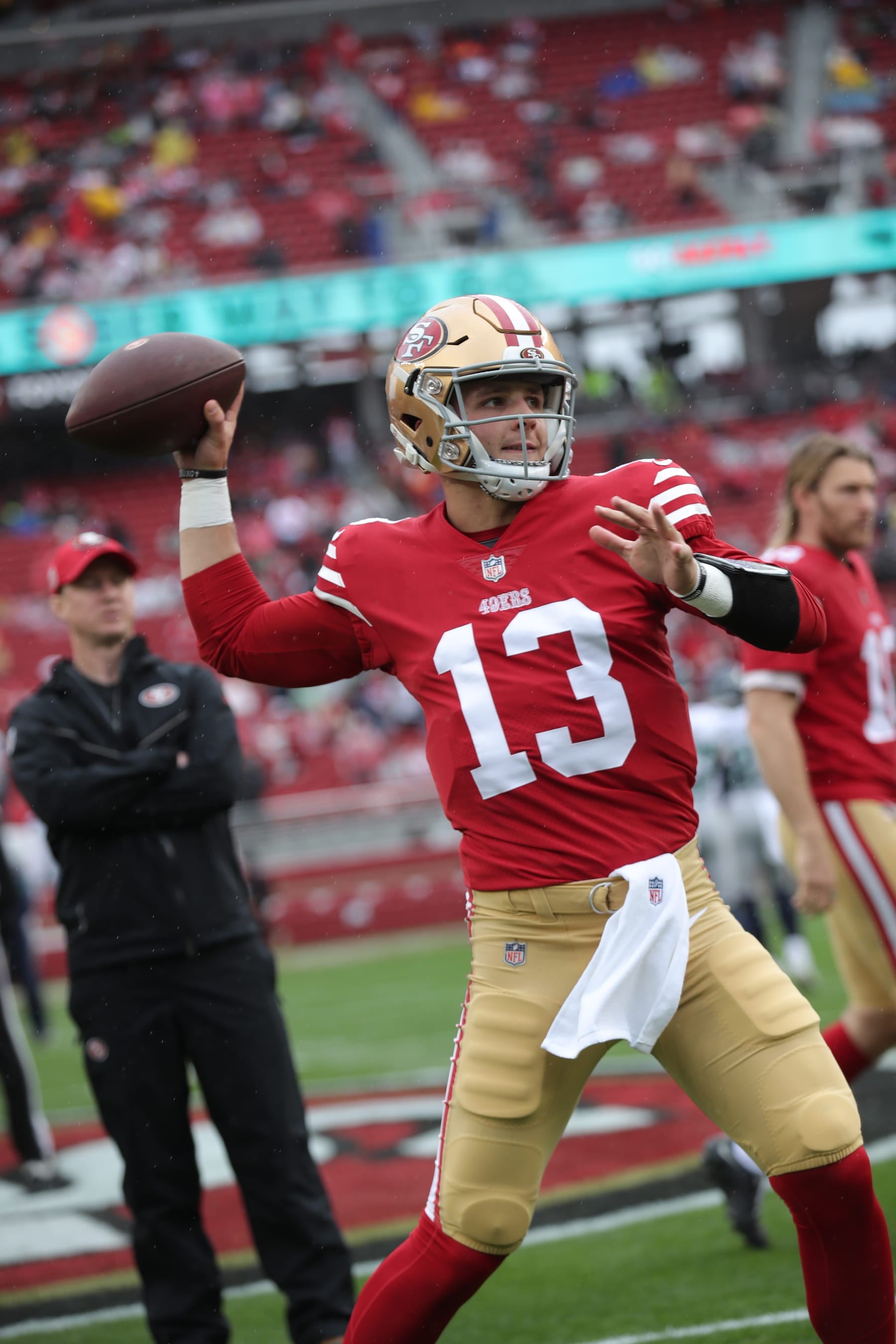SANTA CLARA, CA - JANUARY 14: Brock Purdy #13 of the San Francisco 49ers on the fields before the NFC Wild Card playoff game against the Seattle Seahawks at Levi's Stadium on January 14, 2023 in Santa Clara, California. The 49ers defeated the Seahawks 41-23. (Photo by Michael Zagaris/San Francisco 49ers/Getty Images)