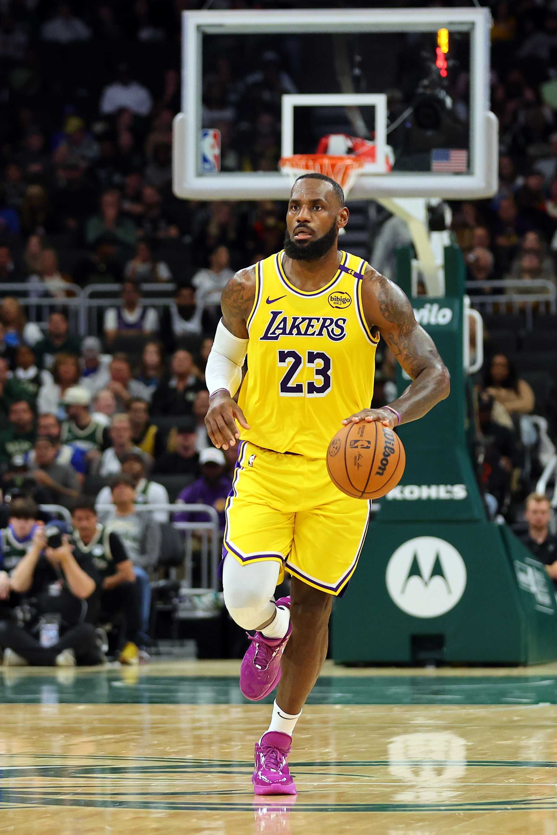 MILWAUKEE, WISCONSIN - OCTOBER 10: LeBron James #23 of the Los Angeles Lakers handles the ball during a preseason game against the Milwaukee Bucks at Fiserv Forum on October 10, 2024 in Milwaukee, Wisconsin.  NOTE TO USER: User expressly acknowledges and agrees that, by downloading and or using this photograph, User is consenting to the terms and conditions of the Getty Images License Agreement. (Photo by Stacy Revere/Getty Images)