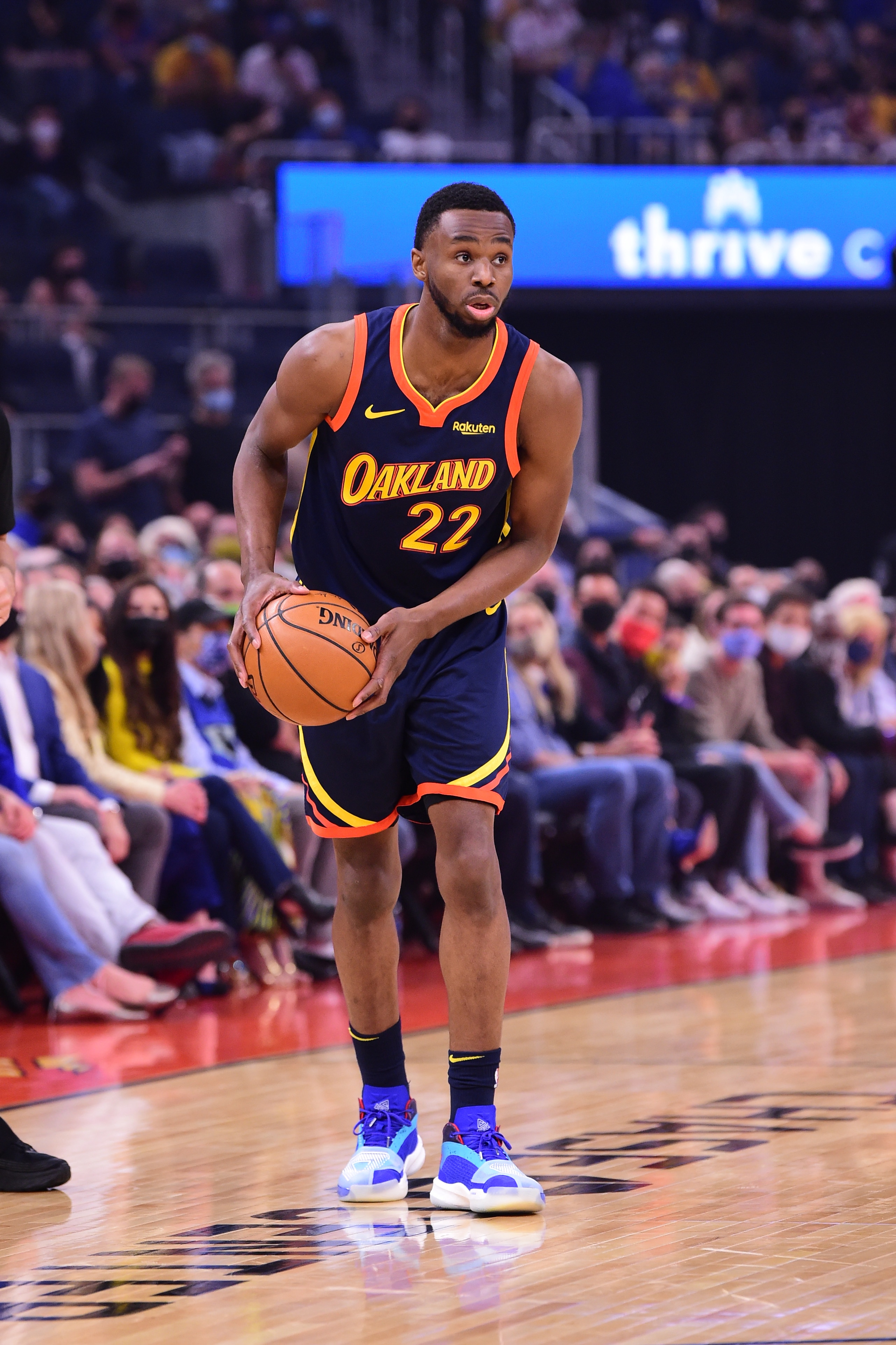 SAN FRANCISCO, CA - MAY 21: Andrew Wiggins #22 of the Golden State Warriors handles the ball against the Memphis Grizzlies during the 2021 NBA Play-In Tournament on May 21, 2021 at Chase Center in San Francisco, California. NOTE TO USER: User expressly acknowledges and agrees that, by downloading and or using this photograph, user is consenting to the terms and conditions of Getty Images License Agreement. Mandatory Copyright Notice: Copyright 2021 NBAE (Photo by Noah Graham/NBAE via Getty Images)