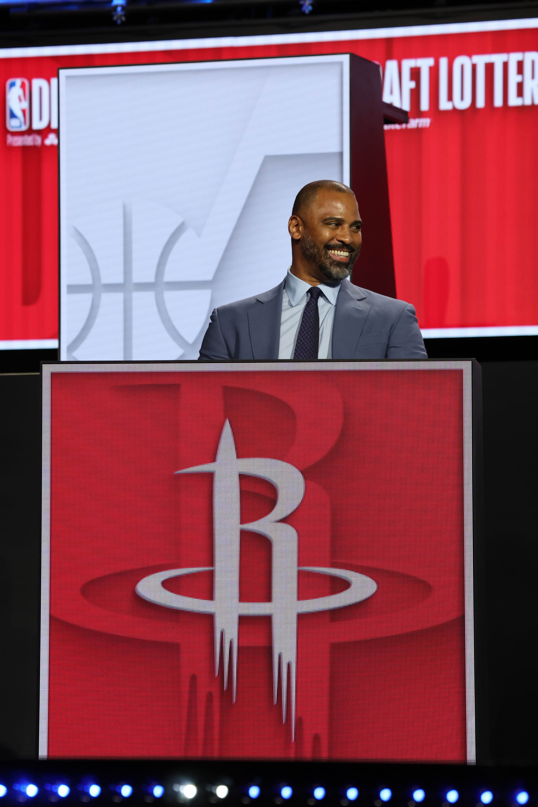 CHICAGO, IL - MAY 12 : Head Coach Ime Udoka of the Houston Rockets smiles during the 2024 NBA Draft Lottery on May 12, 2024 at McCormick Convention Center in Chicago, Illinois. NOTE TO USER: User expressly acknowledges and agrees that, by downloading and or using this photograph, User is consenting to the terms and conditions of the Getty Images License Agreement. Mandatory Copyright Notice: Copyright 2024 NBAE (Photo by Jeff Haynes/NBAE via Getty Images)