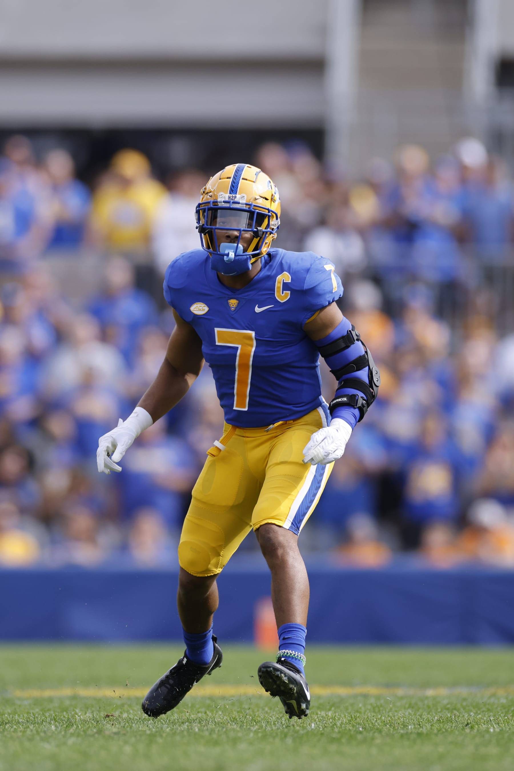 PITTSBURGH, PA - SEPTEMBER 10: Pittsburgh Panthers linebacker SirVocea Dennis (7) drops into coverage on defense during a college football game against the Tennessee Volunteers on September 10, 2022 at Acrisure Stadium in Pittsburgh, Pennsylvania. (Photo by Joe Robbins/Icon Sportswire via Getty Images)