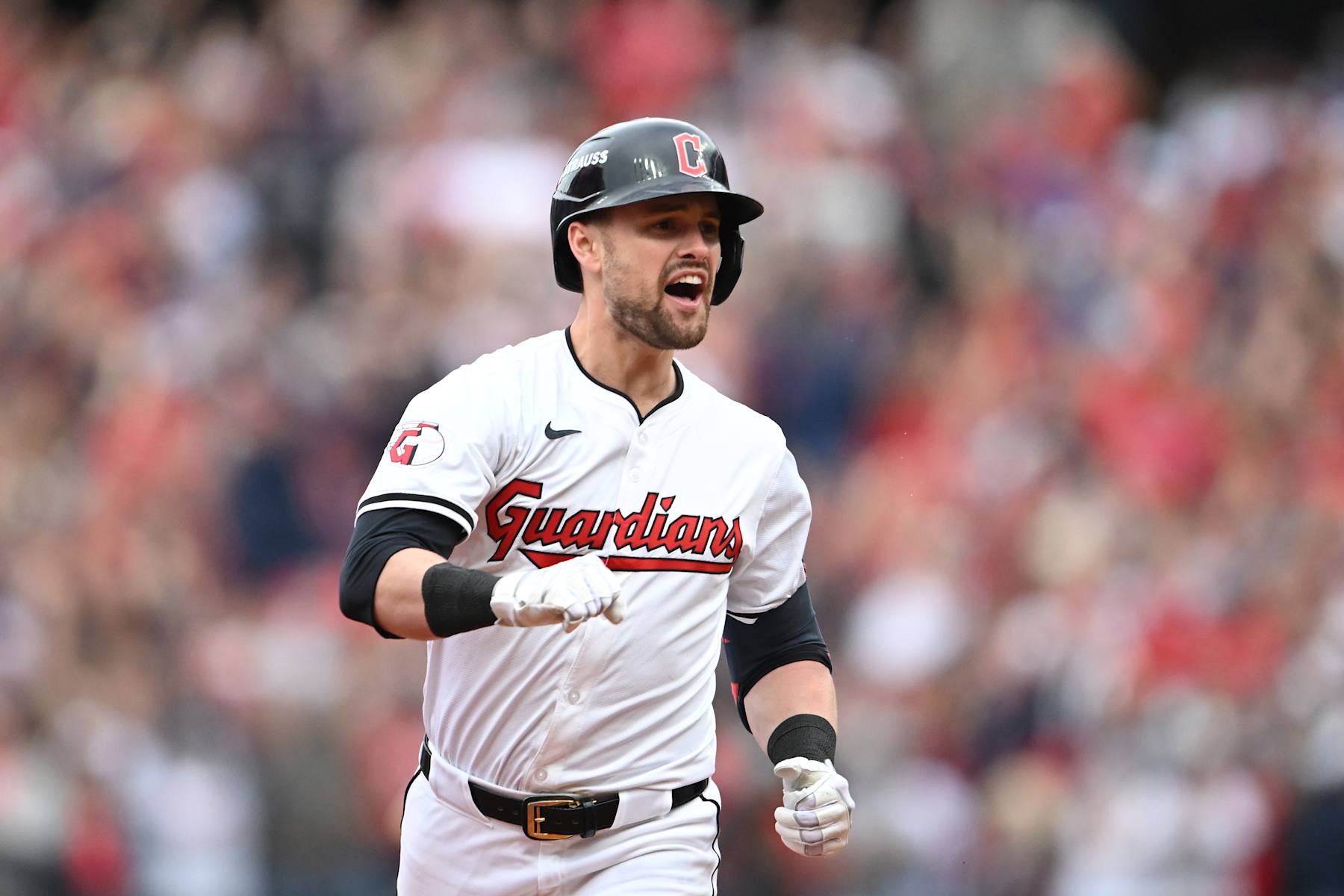 CLEVELAND, OHIO - OCTOBER 12: Lane Thomas #8 of the Cleveland Guardians celebrates a grand slam during the fifth inning against the Detroit Tigers during Game Five of the Division Series at Progressive Field on October 12, 2024 in Cleveland, Ohio. (Photo by Nick Cammett/Getty Images)