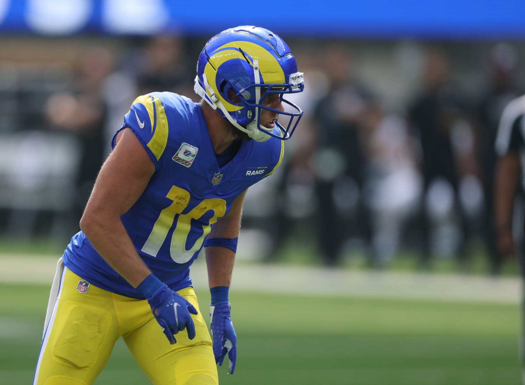 INGLEWOOD, CALIFORNIA - OCTOBER 08: Cooper Kupp #10 of the Los Angeles Rams comes to the line of scrimmage during a 23-14 loss to the Philadelphia Eagles at SoFi Stadium on October 08, 2023 in Inglewood, California. (Photo by Harry How/Getty Images)