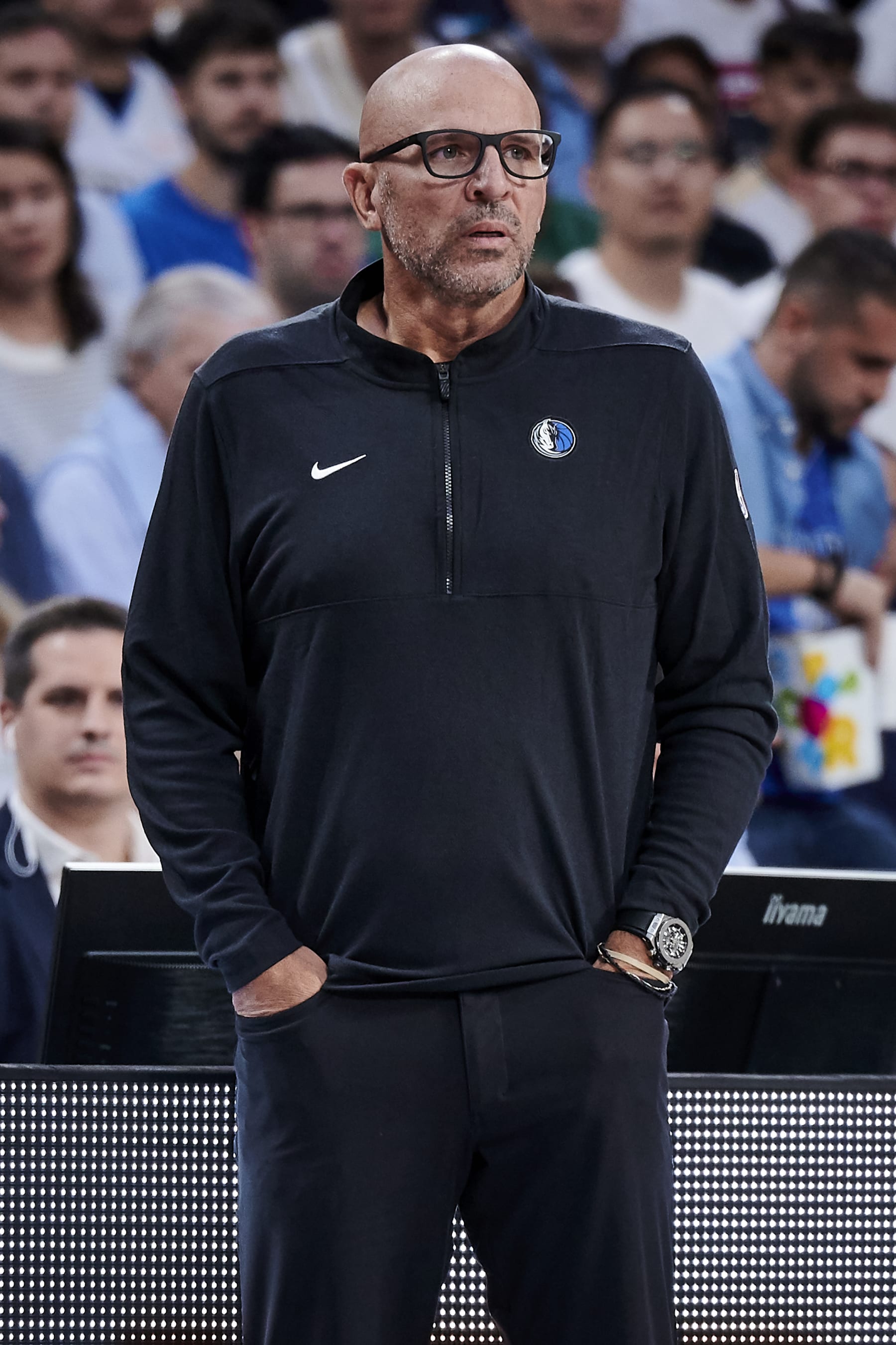 MADRID, SPAIN - OCTOBER 10: Coach Jason Kidd of Dallas Mavericks during Exhibition match between Real Madrid and Dallas Mavericks at WiZink Center on October 10, 2023 in Madrid, Spain. (Photo by Borja B. Hojas/Getty Images)