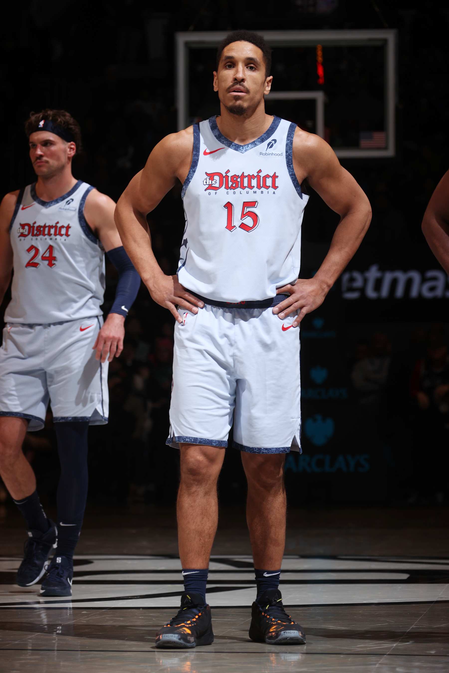 BROOKLYN, NY - FEBRUARY 5: Malcolm Brogdon #15 of the Washington Wizards looks on during the game against the Brooklyn Nets on February 5, 2025 at Barclays Center in Brooklyn, New York. NOTE TO USER: User expressly acknowledges and agrees that, by downloading and or using this Photograph, user is consenting to the terms and conditions of the Getty Images License Agreement. Mandatory Copyright Notice: Copyright 2025 NBAE (Photo by Nathaniel S. Butler/NBAE via Getty Images)
