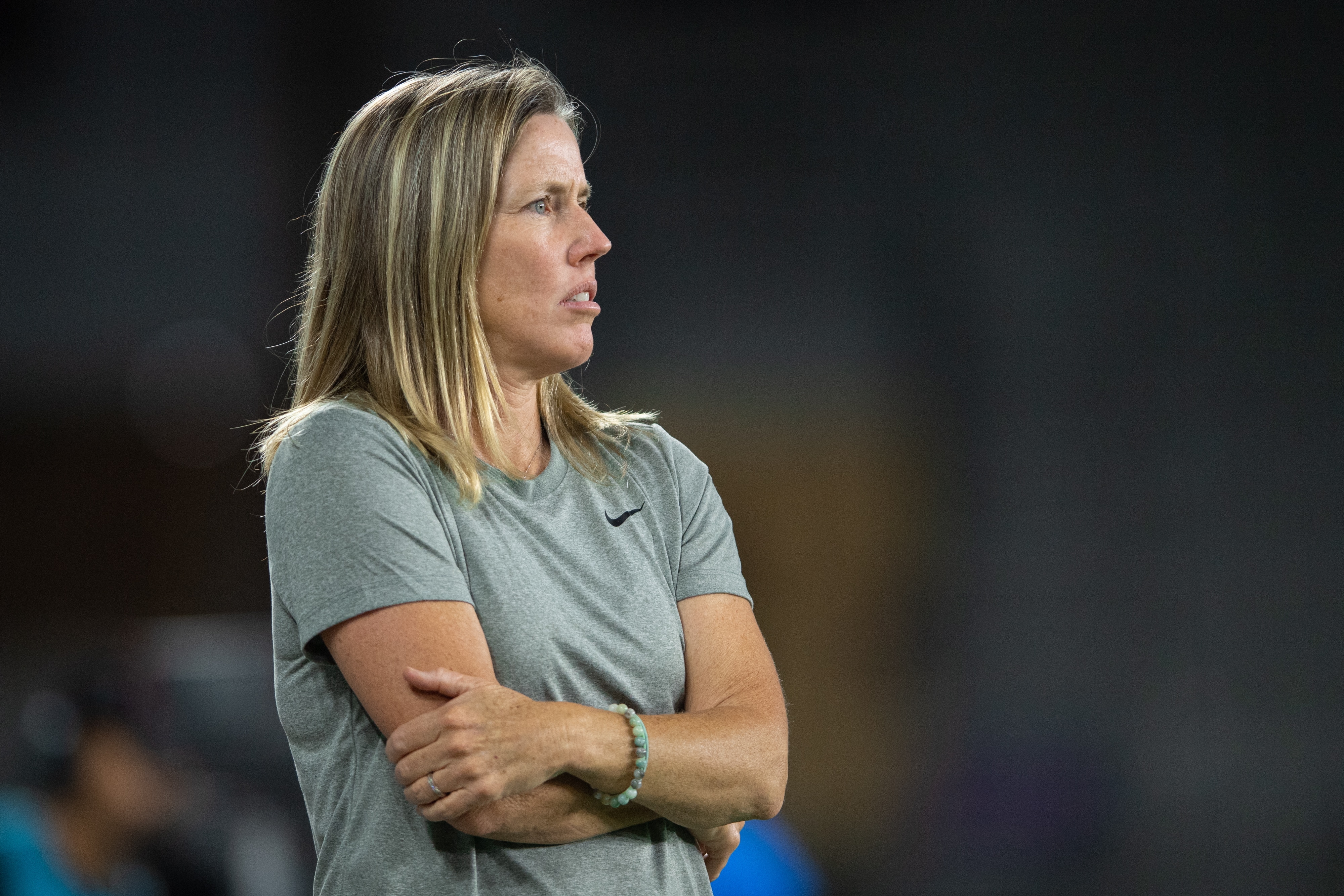 ORLANDO, FL - MARCH 19: Head Coach Amanda Cromwell of the Orlando Pride looks on during a game between Washington Spirit and Orlando Pride at Exploria Stadium on March 19, 2022 in Orlando, Florida. (Photo by Jeremy Reper/ISI Photos/Getty Images)