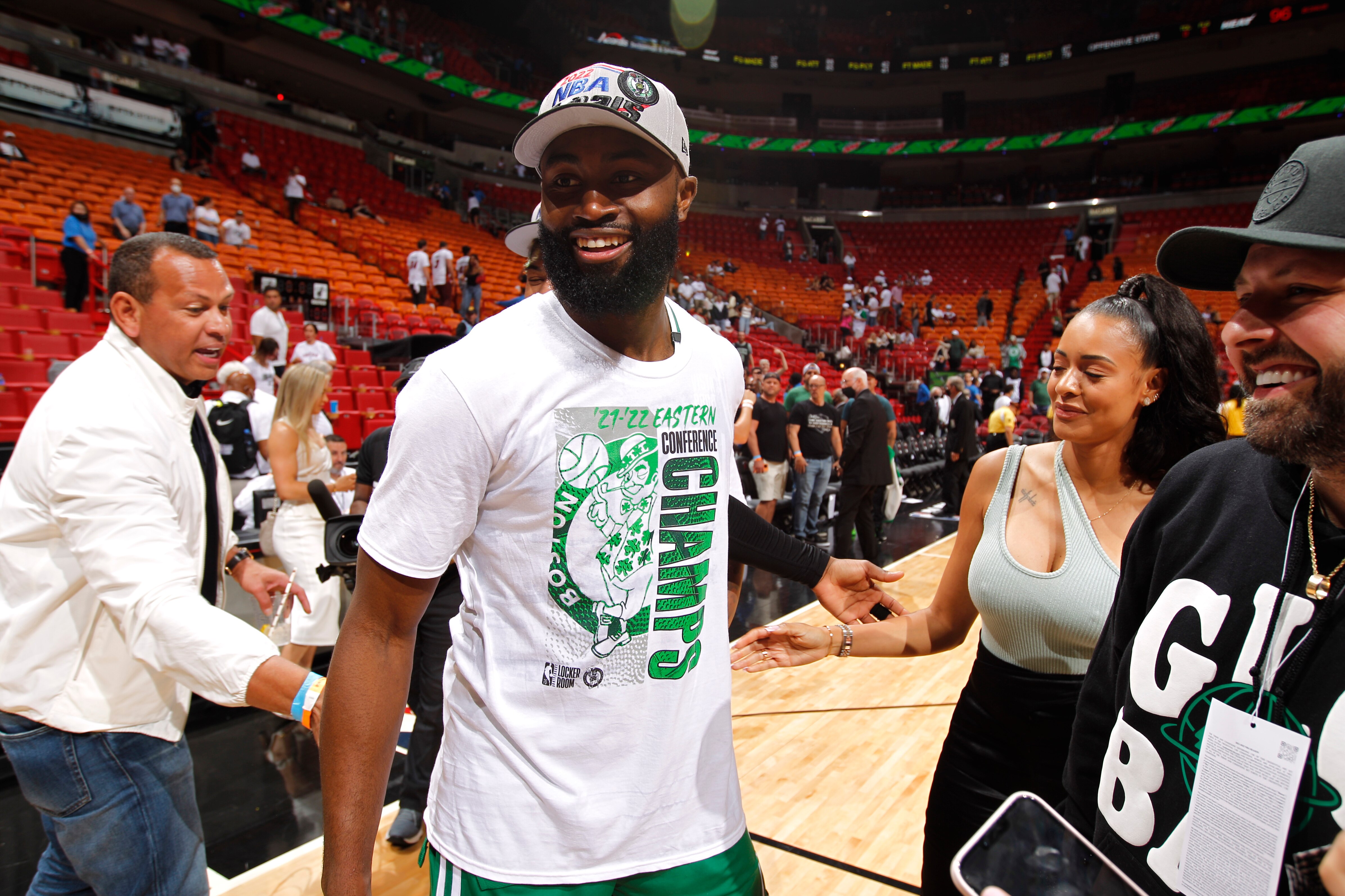 MIAMI, FL - MAY 29: Jaylen Brown #7 of the Boston Celtics celebrates after winning Game 7 of the 2022 NBA Playoffs Eastern Conference Finals on May 29, 2022 at FTX Arena in Miami, Florida. NOTE TO USER: User expressly acknowledges and agrees that, by downloading and or using this Photograph, user is consenting to the terms and conditions of the Getty Images License Agreement. Mandatory Copyright Notice: Copyright 2022 NBAE (Photo by Issac Baldizon/NBAE via Getty Images)