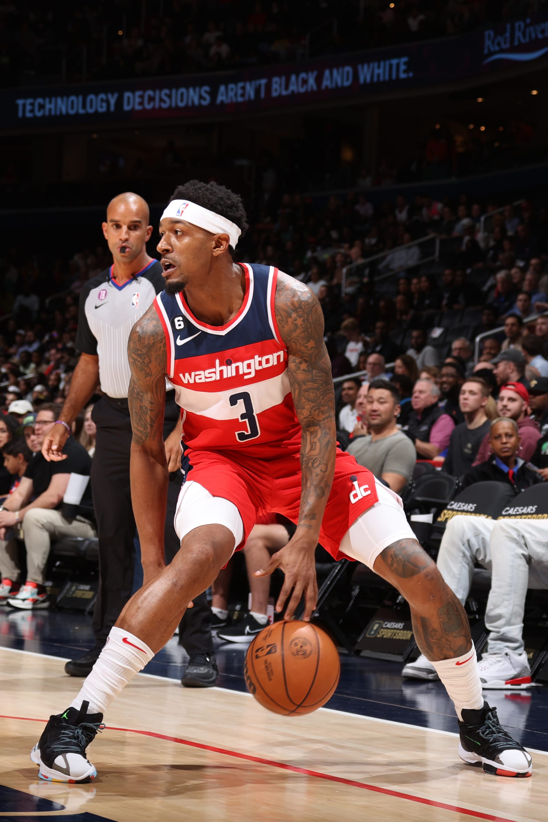 WASHINGTON, DC -  NOVEMBER 4: Bradley Beal #3 of the Washington Wizards dribbles the ball during the game against the Brooklyn Nets on November 4, 2022 at Capital One Arena in Washington, DC. NOTE TO USER: User expressly acknowledges and agrees that, by downloading and or using this Photograph, user is consenting to the terms and conditions of the Getty Images License Agreement. Mandatory Copyright Notice: Copyright 2022 NBAE (Photo by Stephen Gosling/NBAE via Getty Images)
