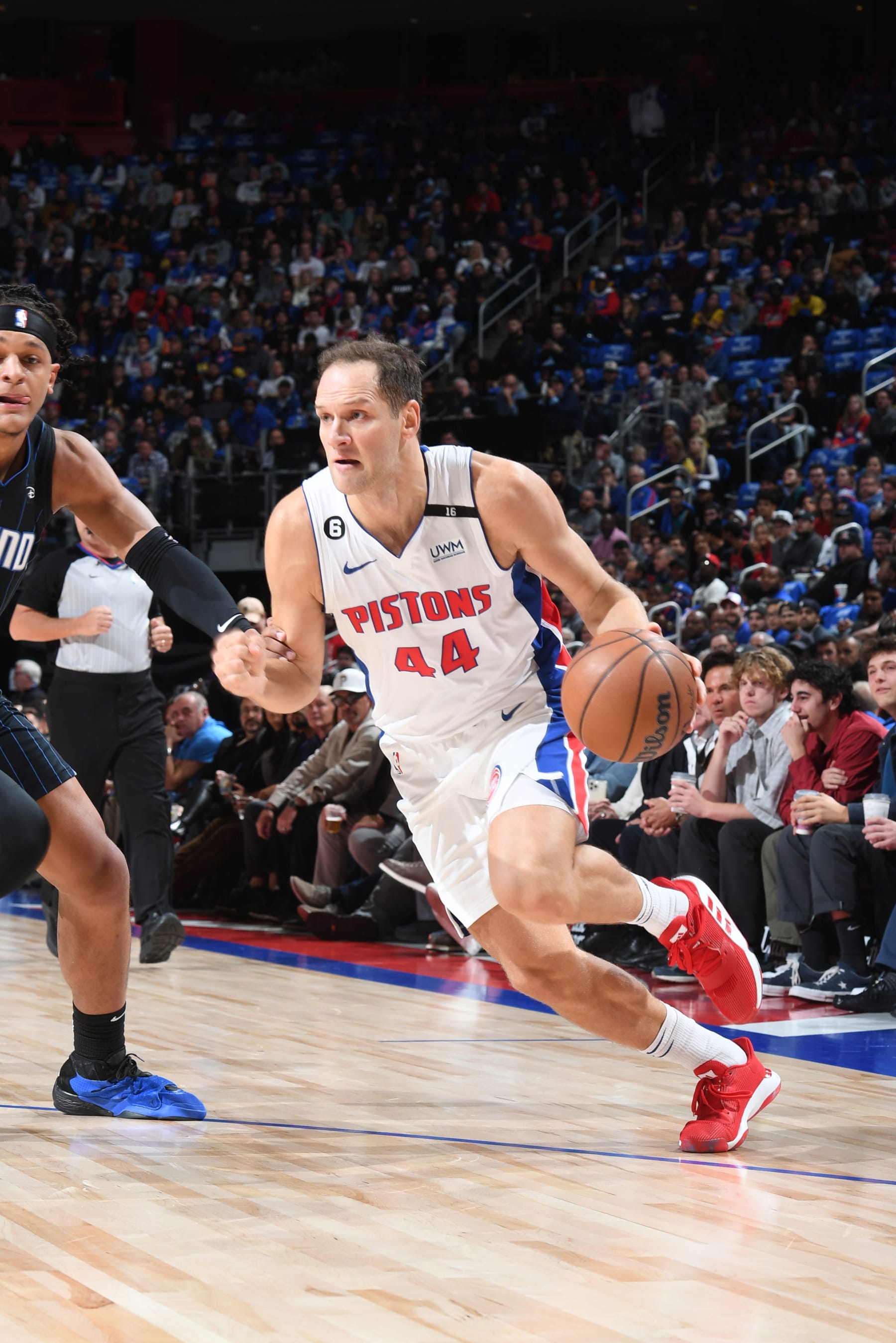 DETROIT, MI - OCTOBER 19: Bojan Bogdanovic #44 of the Detroit Pistons drives to the basket drives to the basket against the Orlando Magic on October 19, 2022 at Little Caesars Arena in Detroit, Michigan. NOTE TO USER: User expressly acknowledges and agrees that, by downloading and/or using this photograph, User is consenting to the terms and conditions of the Getty Images License Agreement. Mandatory Copyright Notice: Copyright 2022 NBAE (Photo by Chris Schwegler/NBAE via Getty Images)