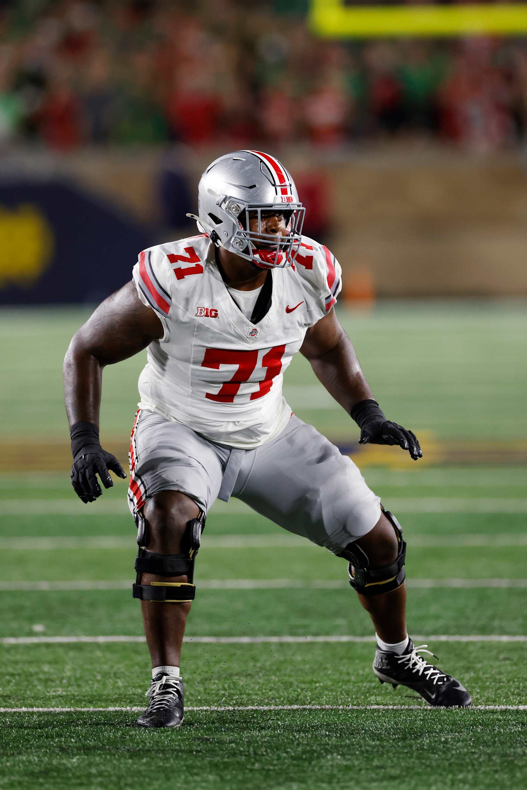 SOUTH BEND, IN - SEPTEMBER 23: Ohio State Buckeyes offensive lineman Josh Simmons (71) blocks during a college football game against the Notre Dame Fighting Irish on September 23, 2023 at Notre Dame Stadium in South Bend, Indiana. (Photo by Joe Robbins/Icon Sportswire via Getty Images)