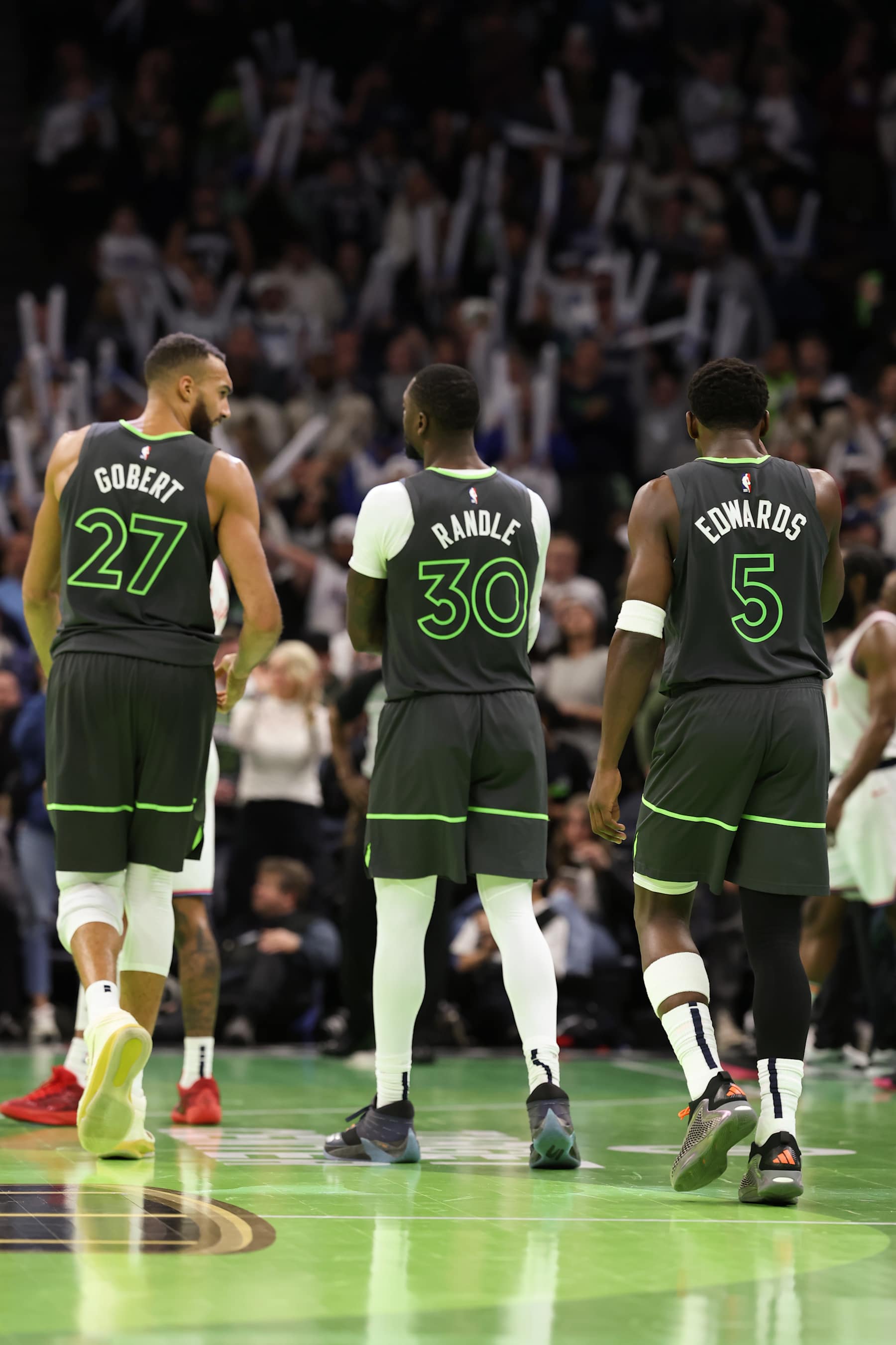 Rudy Gobert, Julius Randle and Anthony Edwards