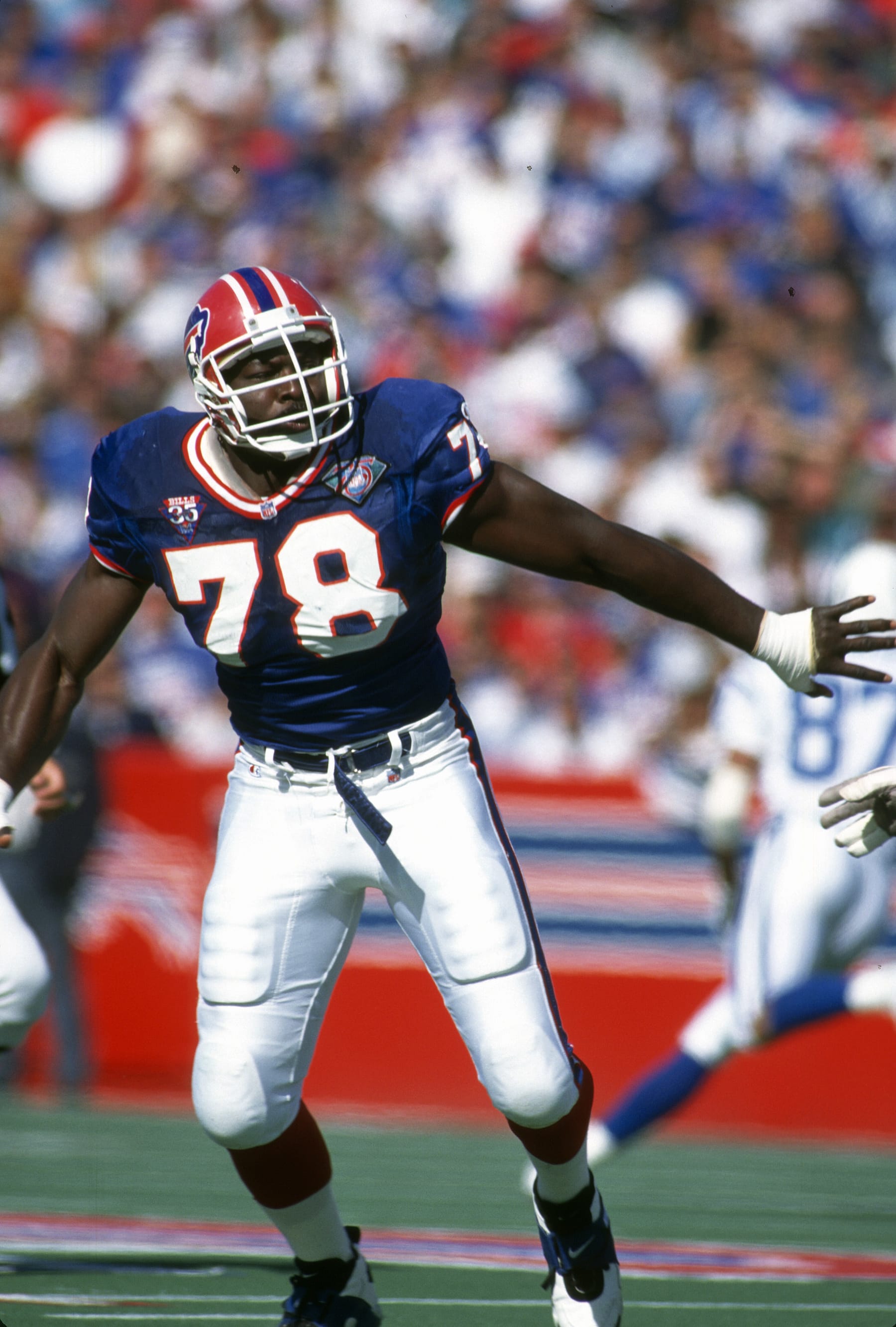BUFFALO, NY - OCTOBER 16:  Bruce Smith #78 of the Buffalo Bills in action against the Indianapolis Colts during an NFL football game October 16, 1994 at Rich Stadium in Buffalo, New York. Smith played for the Bills from 1985-99. (Photo by Focus on Sport/Getty Images)