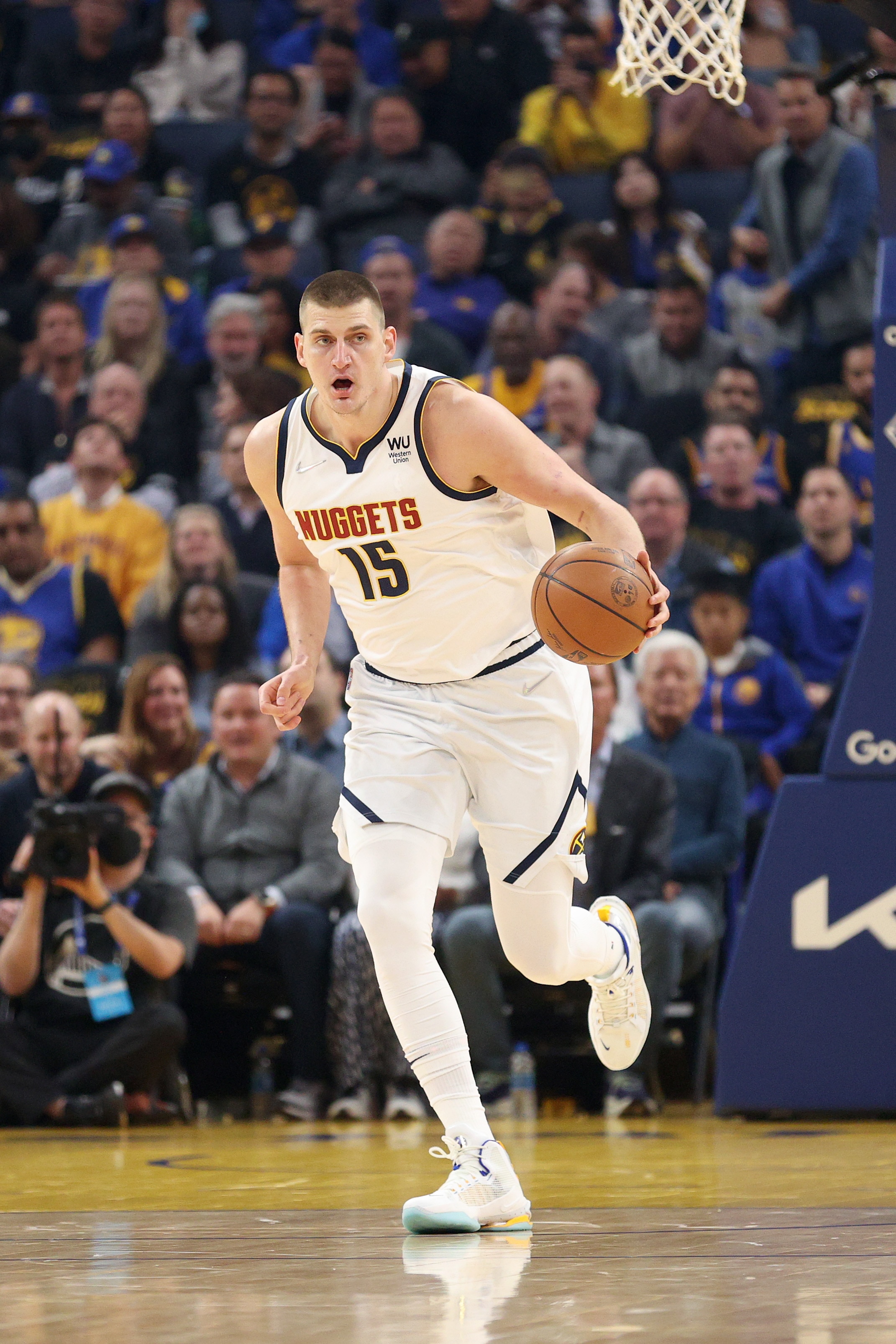 SAN FRANCISCO, CALIFORNIA - APRIL 27:  Nikola Jokic #15 of the Denver Nuggets in action against the Golden State Warriors during Game Five of the Western Conference First Round NBA Playoffs at Chase Center on April 27, 2022 in San Francisco, California. NOTE TO USER: User expressly acknowledges and agrees that, by downloading and/or using this photograph, User is consenting to the terms and conditions of the Getty Images License Agreement.  (Photo by Ezra Shaw/Getty Images)